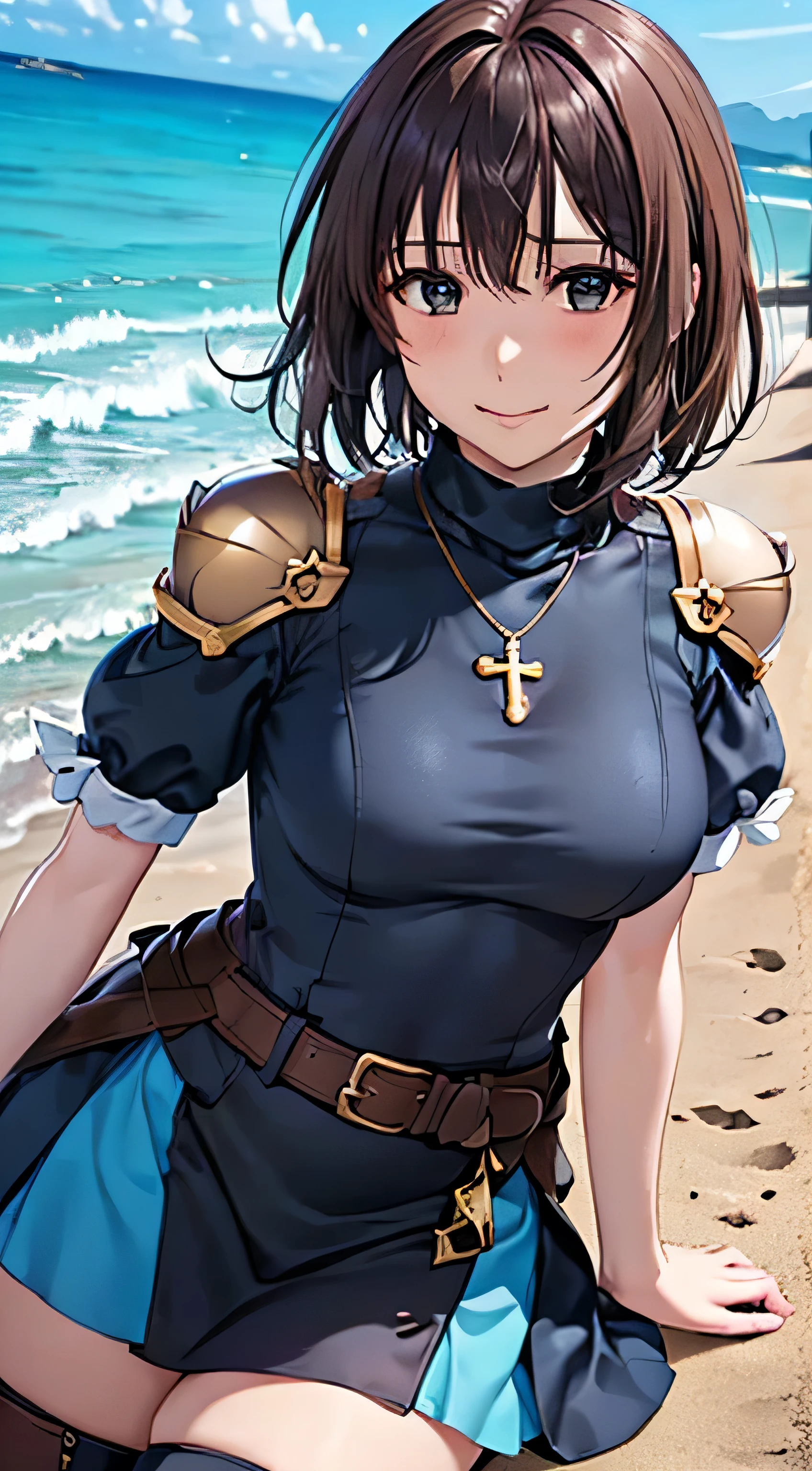 (( , top quality, , Pixel Perfect , 4K,))), 1 Woman , 、 (( short wave hair、 dark brown hair )), (( brown eyes , Beautiful eyelashes , realistic eyes)), (( detailed face , )), (( smooth texture:0.75, realistic texture:0.65, realistic :1.1, anime CG style)), small bust facing upward , dynamic angle, perfect body , (( , ,, Gold Shoulder Armor ,, Turtleneck Dark Blue and Black Dress ,Dark Blue and Black Flare Skirt , Knee High Boots ,Arm guard , belt)), Golden Hair Ornament 、 cross necklace 、 Sexy Provocative Poses 、(Shy and bright red face 、 very cute smile), staring upwards 、 lying on a sandy beach、 gravure idol pose、 、 the wind is blowing 、 sexy pink lace panties、、、、、)、 Beach with a view of the castle 、 beautiful ocean、、