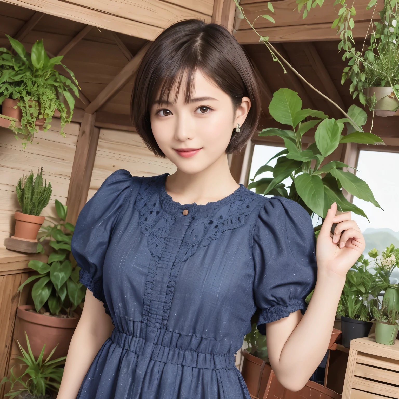 339 (20-year-old female, short hair), ( high image quality), (smile), ( Colorful Dress), ((Arietti's View of the World )), (BIG PLANTS ), (Dollhouse)
