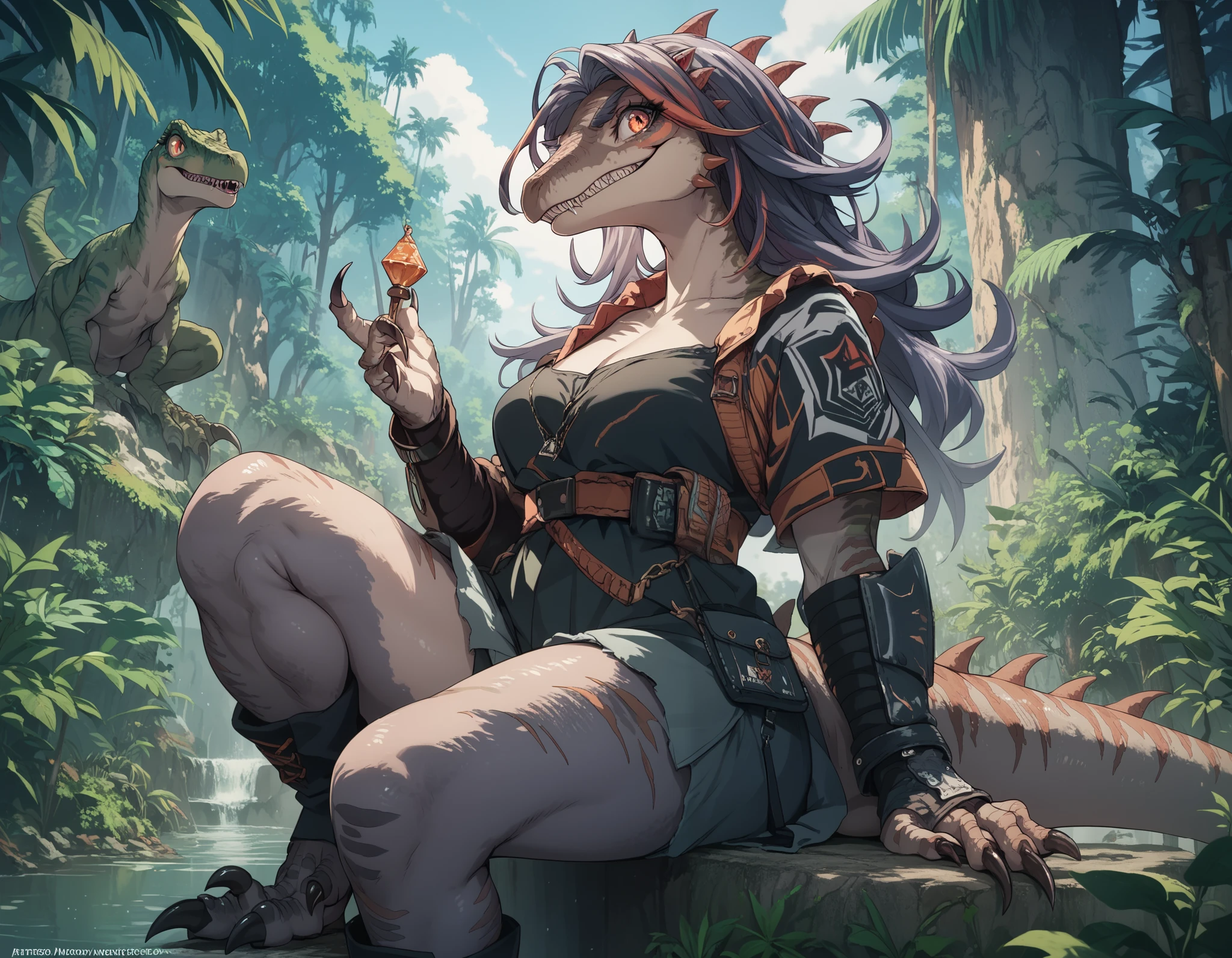 Furryfemale. Female kemo style. Dinosaur girl. Velociraptor. Big eyes. Fangs. Grin. Thick legs. Sharp claws. Wilderness.