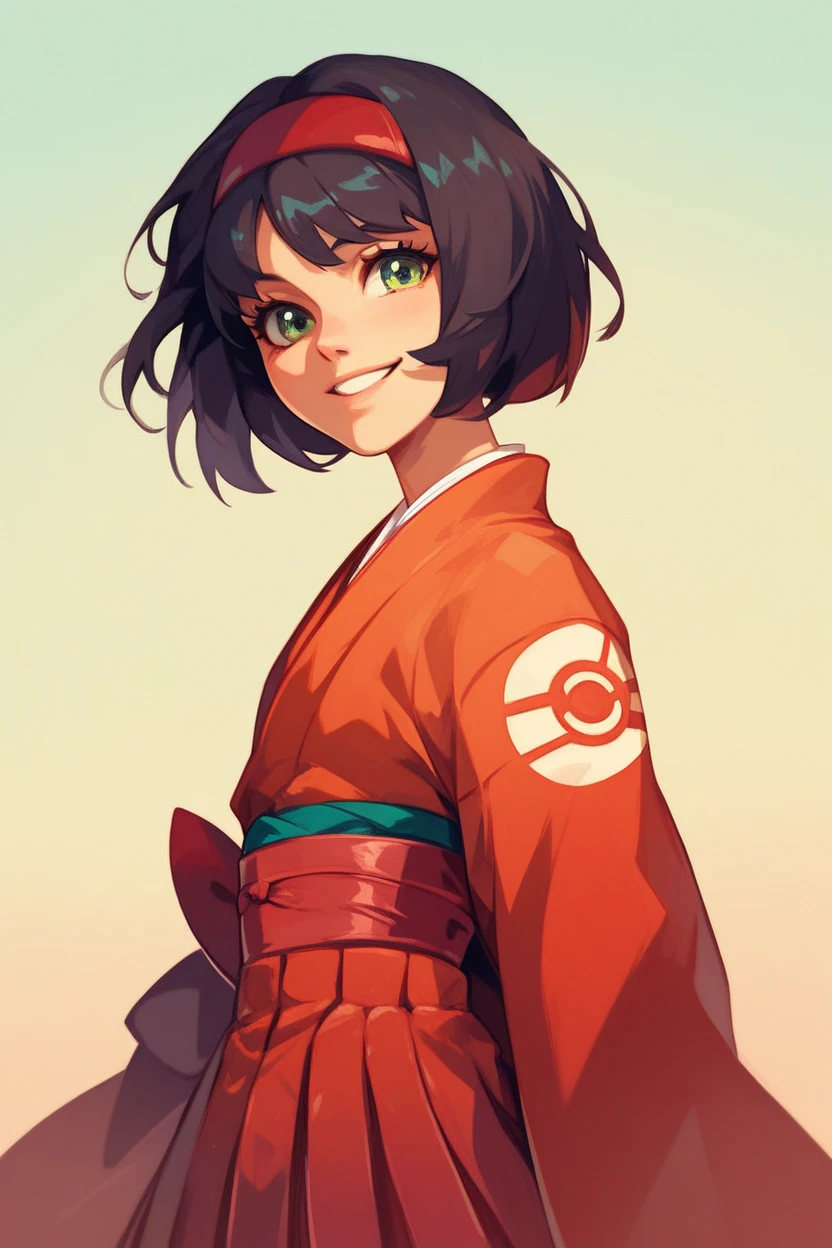 ((masterpiece,best quality)), absurdres, Erika_Pokemon, green eyes, short black hair, kimono, hakama, red hairband, solo, smiling, looking at viewer, cowboy shot,  cinematic composition,