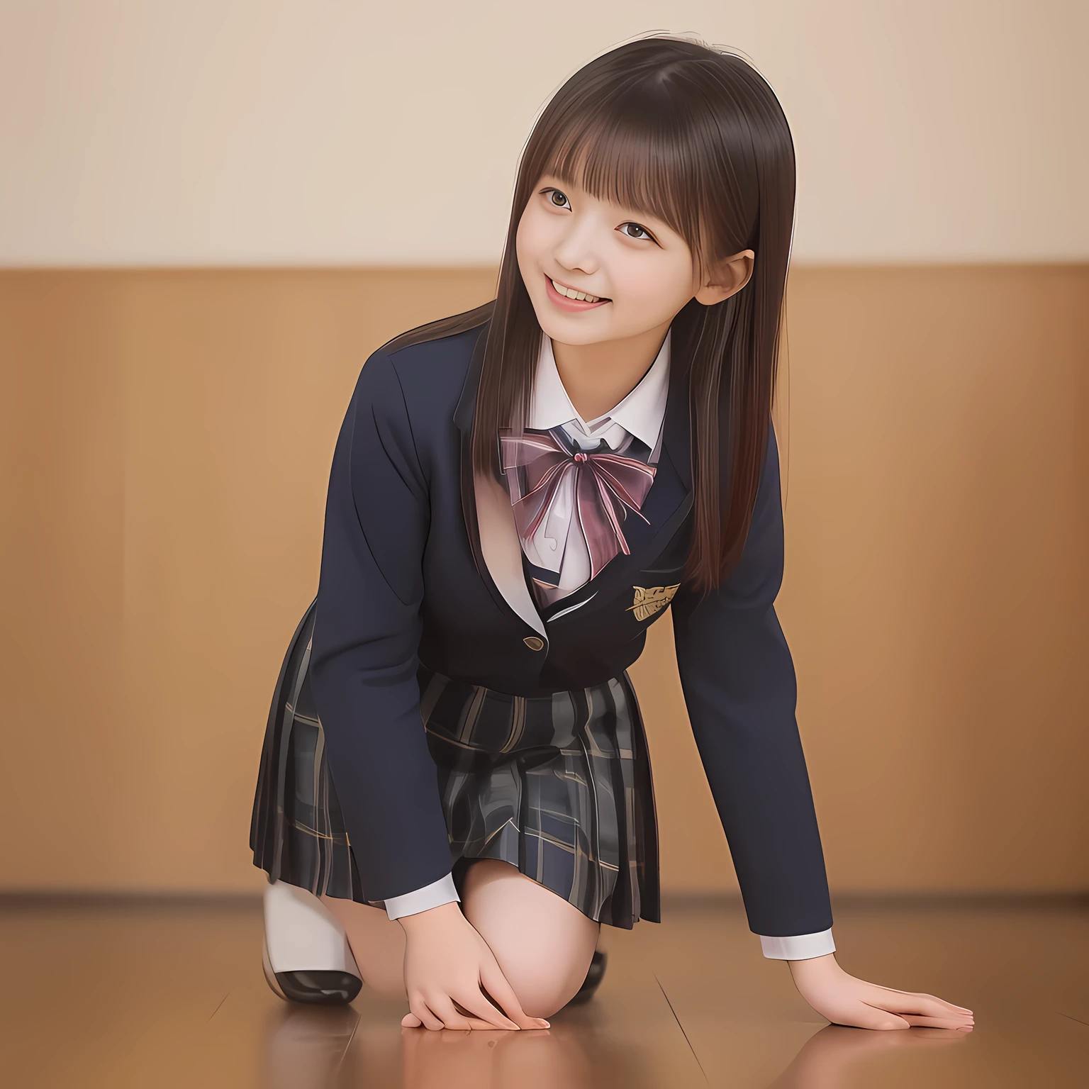 (Highest quality, masterpiece:1.2), Highest quality, High resolution, 1080P, 8k, clearly detailed, low-angle shot, height: 145cm, ((13yo)), (Some 13yo idol girls are inviting, bending down deeply at waist, and looking down at the floor, bending down deeply at her waist, their shining eyes are looking down at the viewer directly, Girls faces are looking down and coming close to the viewer, Low-angle-skirt-close-shot from below the girls' knees, ((skirt close shot)), only high altar of succubus in school underground background: 2.0) (Nobly bowing super-pretty shining-long-hair super-beautiful super-bewitching super-cute expensive school-uniform pretty slender 14yo-fashion-model of most-beautiful-school-uniform-girl-models photo-magazine in Japan, too beautiful aristocratic daughter laughing down at the viewer, in supreme bliss, bowing and accepts the viewer's every desire: 1.8), (long bottom eye-slashes, long top eye-slashes), (very bewitching beautiful full-open lips: 1.4), (neat gorgeous school uniform of private high school in Japan. navy-school-blazer with gold-emblem, super-neat navy-blue-lined-tartan-checkered light-sky-blue-pleats-school-skirt, super-girly plain-red ribbon on the breast: 1.5), (bewitching expression, smile, lips, and pose to corrupt the viewer, everything is planned and prepared to corrupt the viewer into the allusion of love towards the girl: 1.2), (clearly detailed foreground focusing on girl's beauty and cuteness, gorgeous blue girly bed background of full-of-girls girly-heaven: 1.2), (some girls are putting her beautiful both hands and fingers on the viewer to tear off the viewer's cloths lustily and forcibly, which may also open the viewer's brain, pouring her girly white ecstasy drool to the viewer: 1.5), (sky-blue school skirt, beautiful legs, loafers: 1.6), (detailed brown eyes: 1.5), (Strong lustful hypnotic wind blows her hair from her back: 1.4), (Too sweet much condensed milk is dripping from her hanged palms: 2.0)