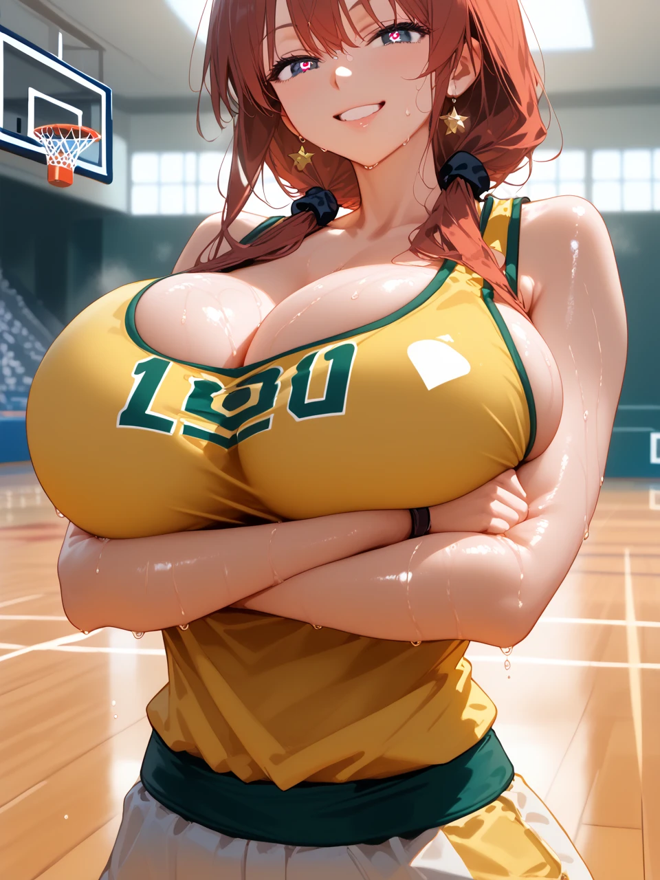         top quality,         top quality,      High quality photograph       ,     masterpiece  ,           super high resolution    ,          Detailed Background   ,          Absurd,        Perfect Anatomy     ,          good lighting  ,       Photo Gallery    ,         1 mature woman having a fight,、、 close-up of a person wearing a basketball uniform, photograph, 」Akame ,  trending on pixiv ,  Nagasaki Wild Rose,  wearing a yellow NBA uniform , yellow  Tank top nba jersey, wearing a low cut  Tank top, wearing  Tank top,  Tank top, golden raito, ( winks), shirobako, big)}], Favorite Scene,  Details. anime. skin,  I'm sweating, Big Breasts, Raise your hands, Under the arms, Under the arms visible, Wet with sweat,  sweat more、Very huge Big breasts 、  charming smile , Hearts in eyes,   pose
