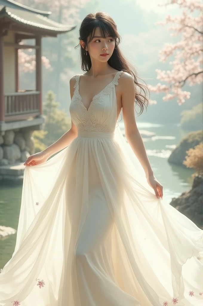 (1girl, white dress, off shoulder, blossom flower field), (photorealistic:1.4), (best quality, masterpiece, ultra-detailed, ultra high res, HDR, cinematic lighting, dramatic lighting, volumetric lighting, intricate details, sharp focus), glowing skin, light smile, elegant, serene, peaceful, beautiful, delicate