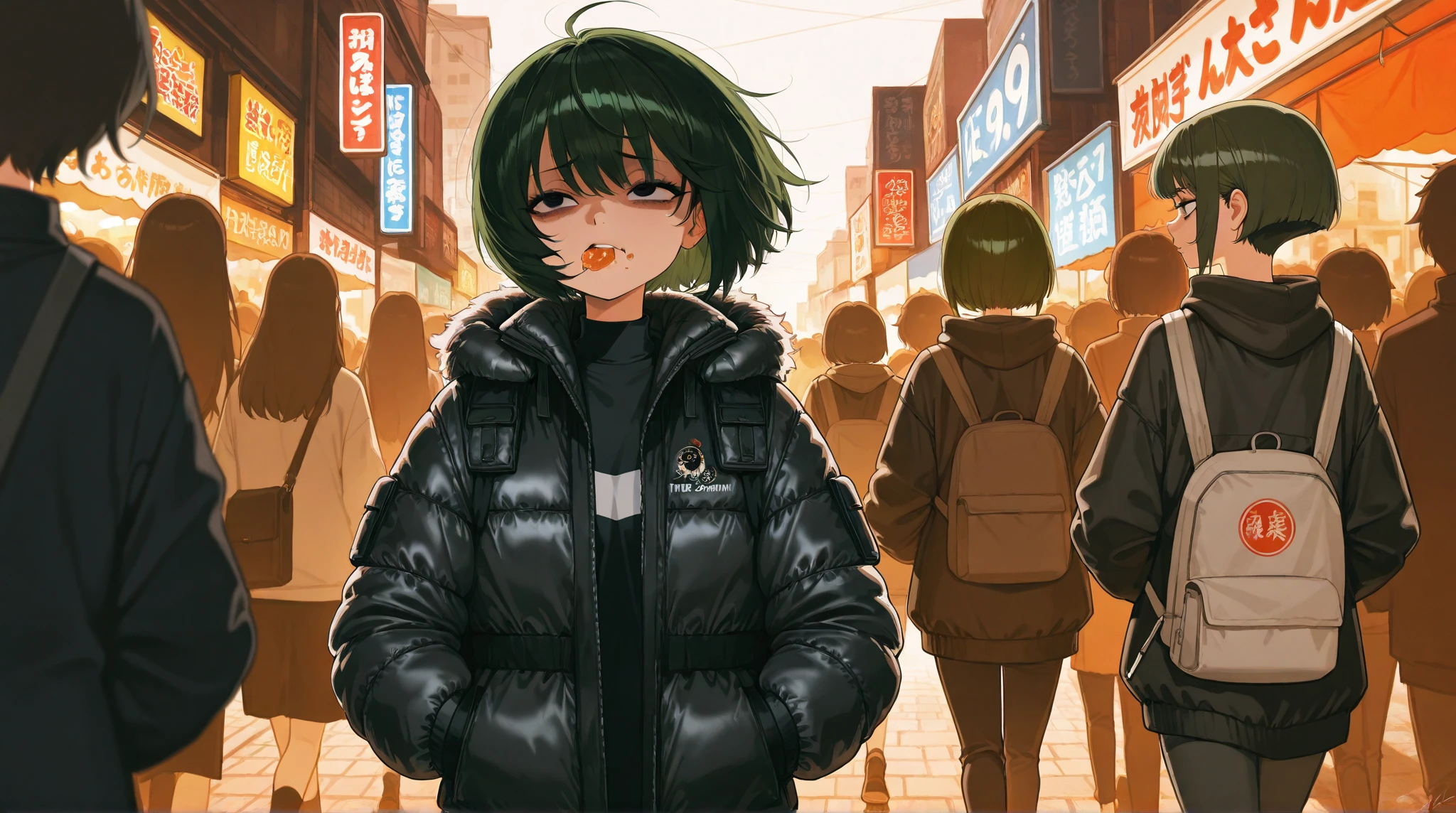 (A girl, the girl is , the girl has short hair, the girl has an airy bob, the girl has a scary look in her eyes, the girl has dark green hair, the girl's hair is a little fluffy, the girl is eating while walking, the girl is eating disgusting looking food, the girl is distorting her face in disgust, the girl is wearing a black down jacket, the down jacket has fur) Background is a busy open-air market, Background is a crowd of people, Outdoors, Person is angled from head to waist