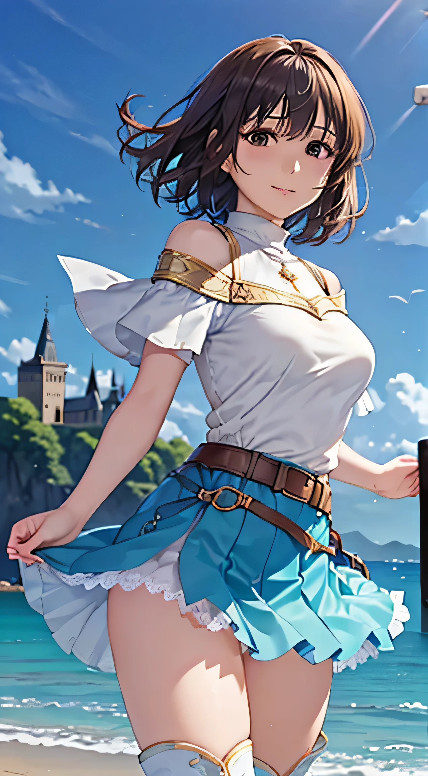 (( , top quality, , Pixel Perfect , 4K,))), 1 Woman , 、 (( short wave hair、 dark brown hair )), (( brown eyes , Beautiful eyelashes , realistic eyes)), (( detailed face , )), (( smooth texture:0.75, realistic texture:0.65, realistic :1.1, anime CG style)), small bust facing upward , dynamic angle, perfect body , (( , ,, Gold Shoulder Armor ,, Gold Breastplate, , white blue dress ,white blue flared skirt , Knee High Boots ,Arm guard , belt)), Golden Hair Ornament 、 cross necklace 、 sexy pose that emphasizes the chest 、 ( very cute smile, Bright red face、 staring upwards 、((( style and lift up your skirt、 Holding the Skirt with Both Hands )))、 the wind is blowing 、、、、、、)、 Beach with a view of the castle 、 beautiful ocean、 sexy pink lace panties、