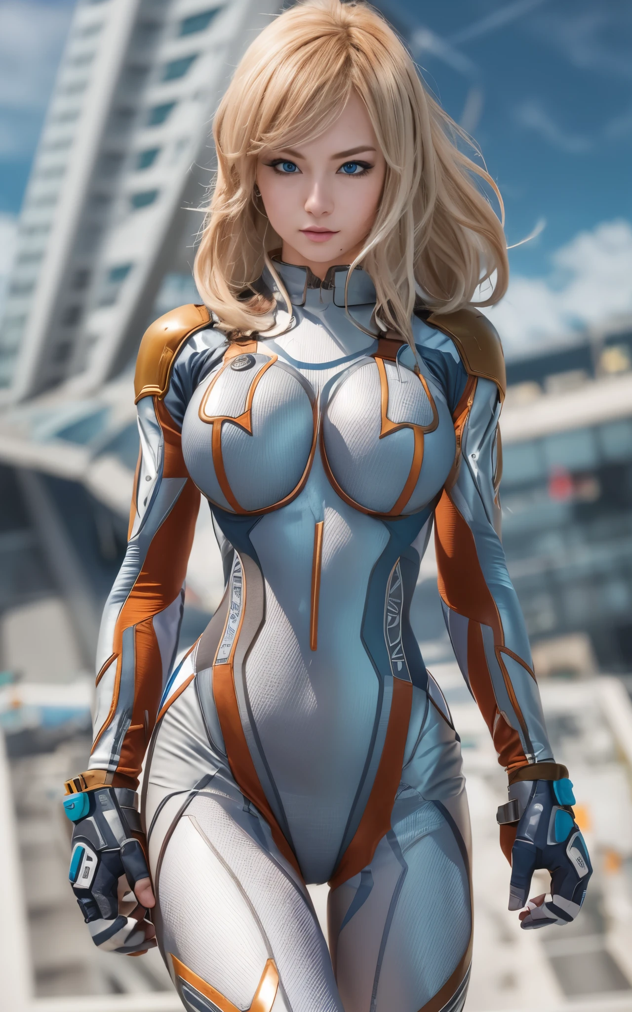 ((Best Quality)), ((masutepiece)), (Detailed: 1.4), (Absurd), Caucasian female fighter pilot ready for war, front walking, muscular sculptural body defined, Closed mouth, muscular body covered by technological clothing, Cyberpunk, ((perfect large breasts)), (blue eyes without pupils), long manga-style eyelashes, close to real, Crazy face, Sexy Pose, Centered, scale to fit the dimensions, nffsw (High dynamic range),Ray tracing,Hyper-Resolution,Unreal 5,Subsurface Dispersion, PBR Texture, Post-processing, Anisotropy Filtering, depth of fields,  Maximum clarity and sharpness, Multilayer textures, Surface Shading, accurate simulation of light and material interactions, Perfect proportions, thirds rule, top-quality, ultra-detailliert, Being on the roof of a skyscraper, Smooth bodysuit, spiffy white zero suit