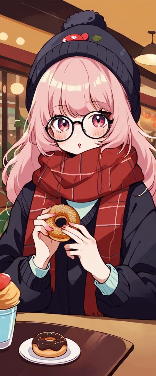 there is a woman that is eating a doughnut in a restaurant, wearing small round glasses, wearing thin large round glasses, cute and adorable white fluffy beanie, red scarf, girl wearing round glasses, thick round spectacles, with square glasses, ulzzang, wearing round glasses, lofi girl aesthetic, with glasses, with black eyeglasses, thick - rimmed glasses, junko enoshima, lofi girl