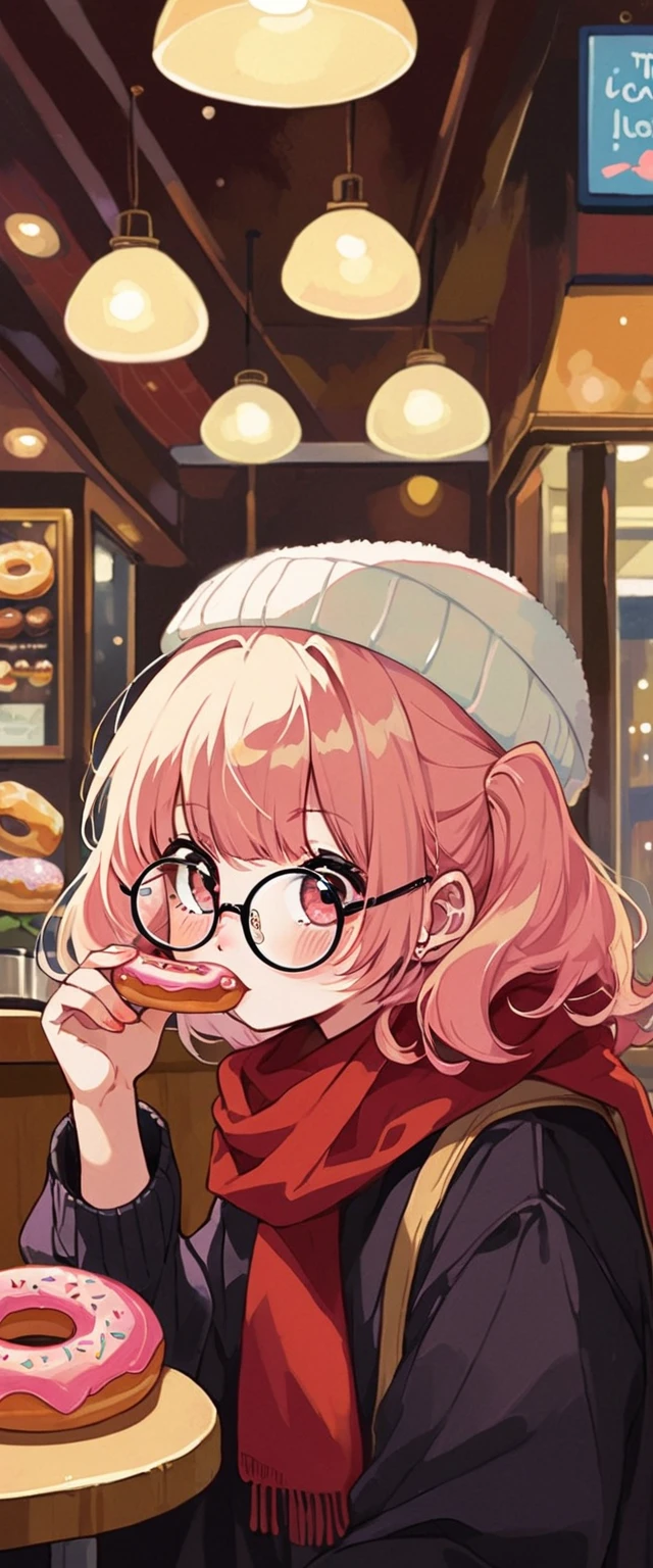 there is a woman that is eating a doughnut in a restaurant, wearing small round glasses, wearing thin large round glasses, cute and adorable white fluffy beanie, red scarf, girl wearing round glasses, thick round spectacles, with square glasses, ulzzang, wearing round glasses, lofi girl aesthetic, with glasses, with black eyeglasses, thick - rimmed glasses, junko enoshima, lofi girl