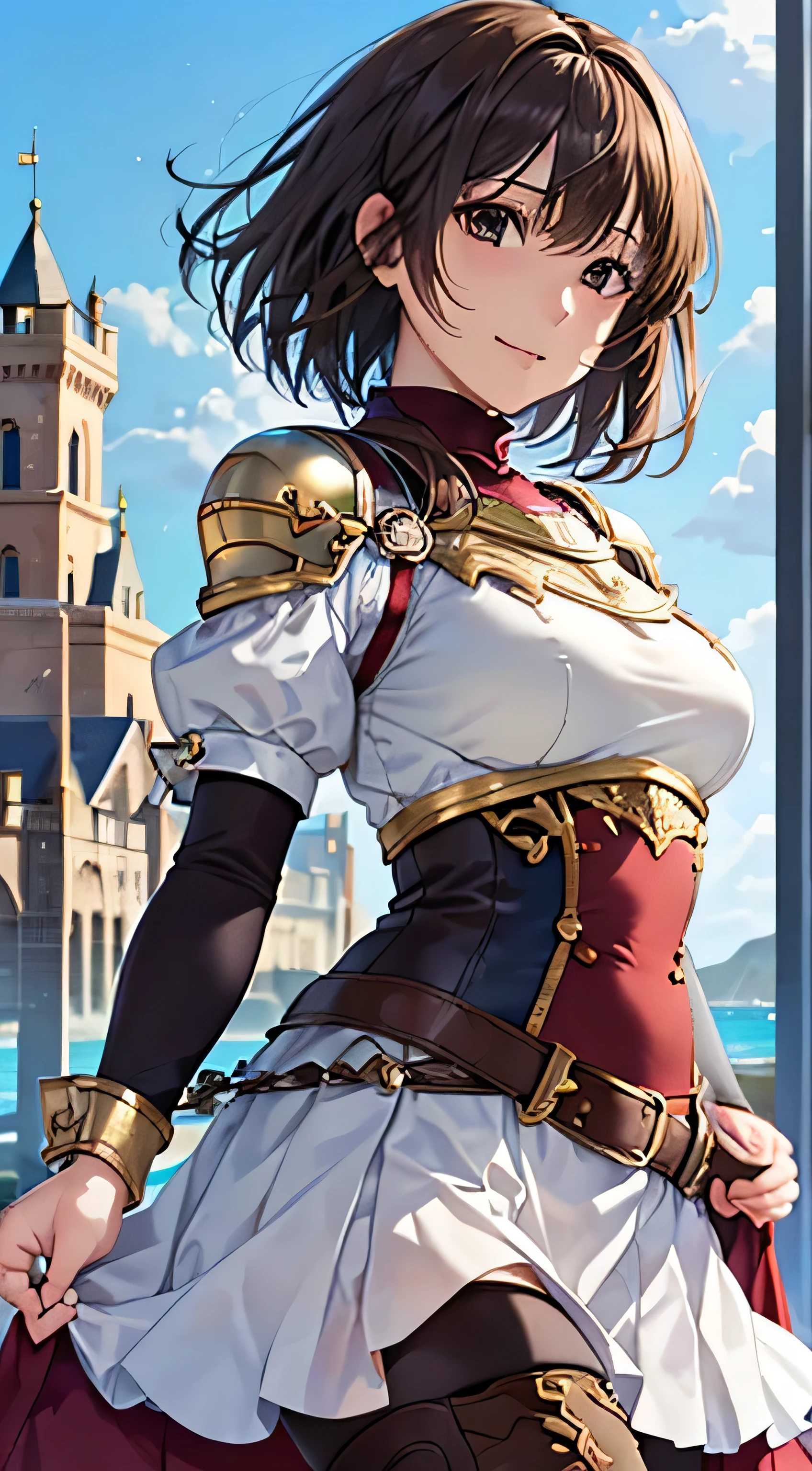 (( , top quality, , Pixel Perfect , 4K,))), 1 Woman , 、 (( short wave hair、 dark brown hair )), (( brown eyes , Beautiful eyelashes , realistic eyes)), (( detailed face , )), (( smooth texture:0.75, realistic texture:0.65, realistic :1.1, anime CG style)), small bust facing upward , dynamic angle, perfect body , (( , ,, Gold Shoulder Armor ,, Gold Breastplate, , white blue dress ,white blue flared skirt , Knee High Boots ,Arm guard , belt)), Golden Hair Ornament 、 cross necklace 、 sexy poses 、 ( very cute smile, Bright red face、 staring upwards 、((( style and lift up your skirt、 Holding the Skirt with Both Hands )))、 the wind is blowing 、 sexy pink lace panties、、、、、)、 Beach with a view of the castle 、 beautiful ocean、、