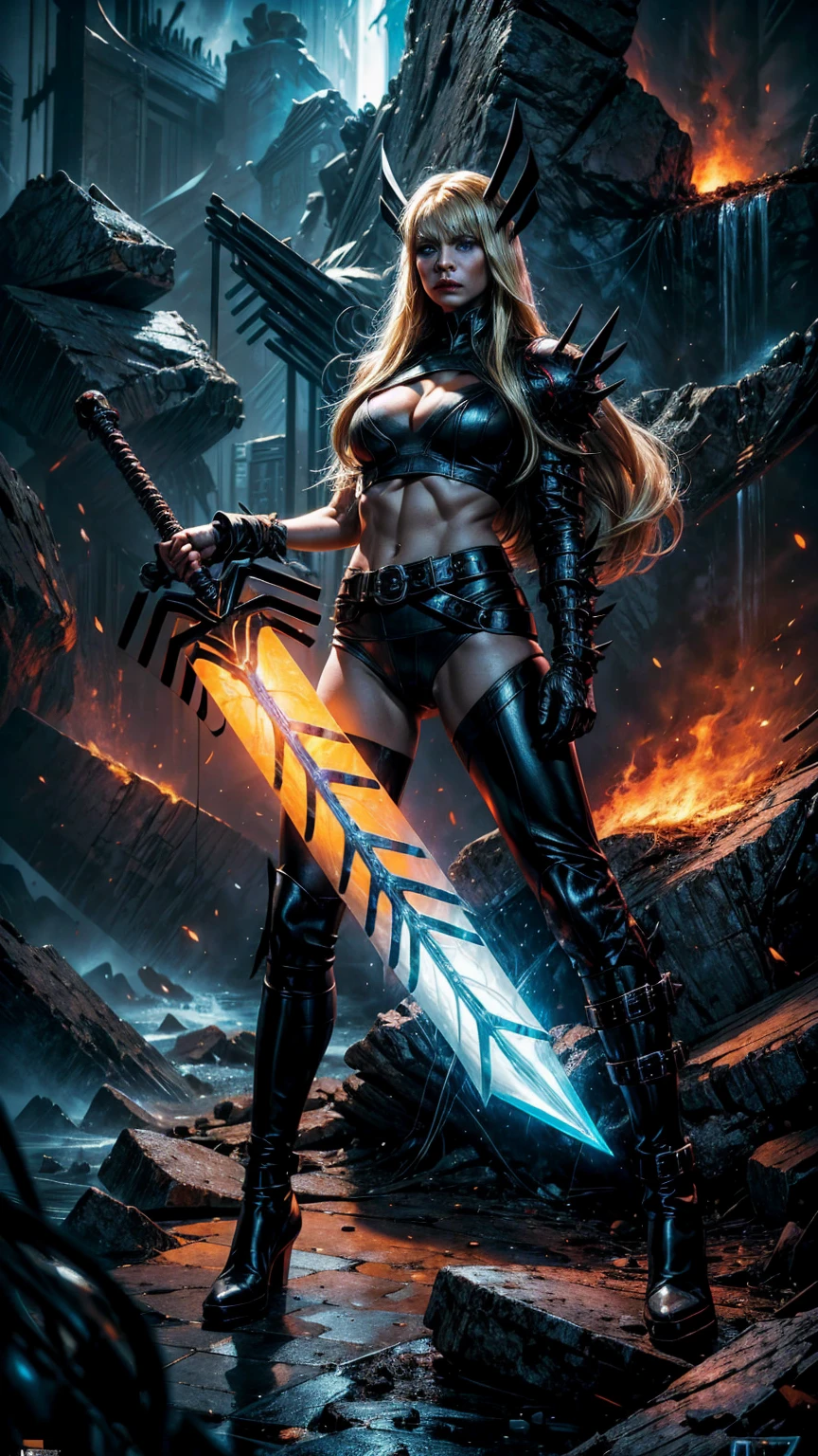 Highly detailed, cinematic, realistic. A stunning and powerful depiction of Magik from the X-Men, standing confidently in the chaotic, fiery landscape of Limbo. She wears a sexy black leather outfit with yellow accents, exposing her toned midriff, with sleek armored accents that highlight her figure. Her ensemble includes thigh-high black leather boots, adding to her fierce and commanding look. Her long, flowing blonde hair cascades dramatically, framing her face with piercing blue eyes glowing with determination and power. In her hand, she wields the iconic Soul Sword, a massive buster sword, its edge pulsing with light. The background features jagged demonic terrain, fiery cracks, and swirling crimson skies, capturing the chaotic and infernal essence of Limbo. The composition exudes a blend of sensual beauty and raw strength, rendered in ultra-realistic detail, with dynamic lighting and vivid textures enhancing the scene