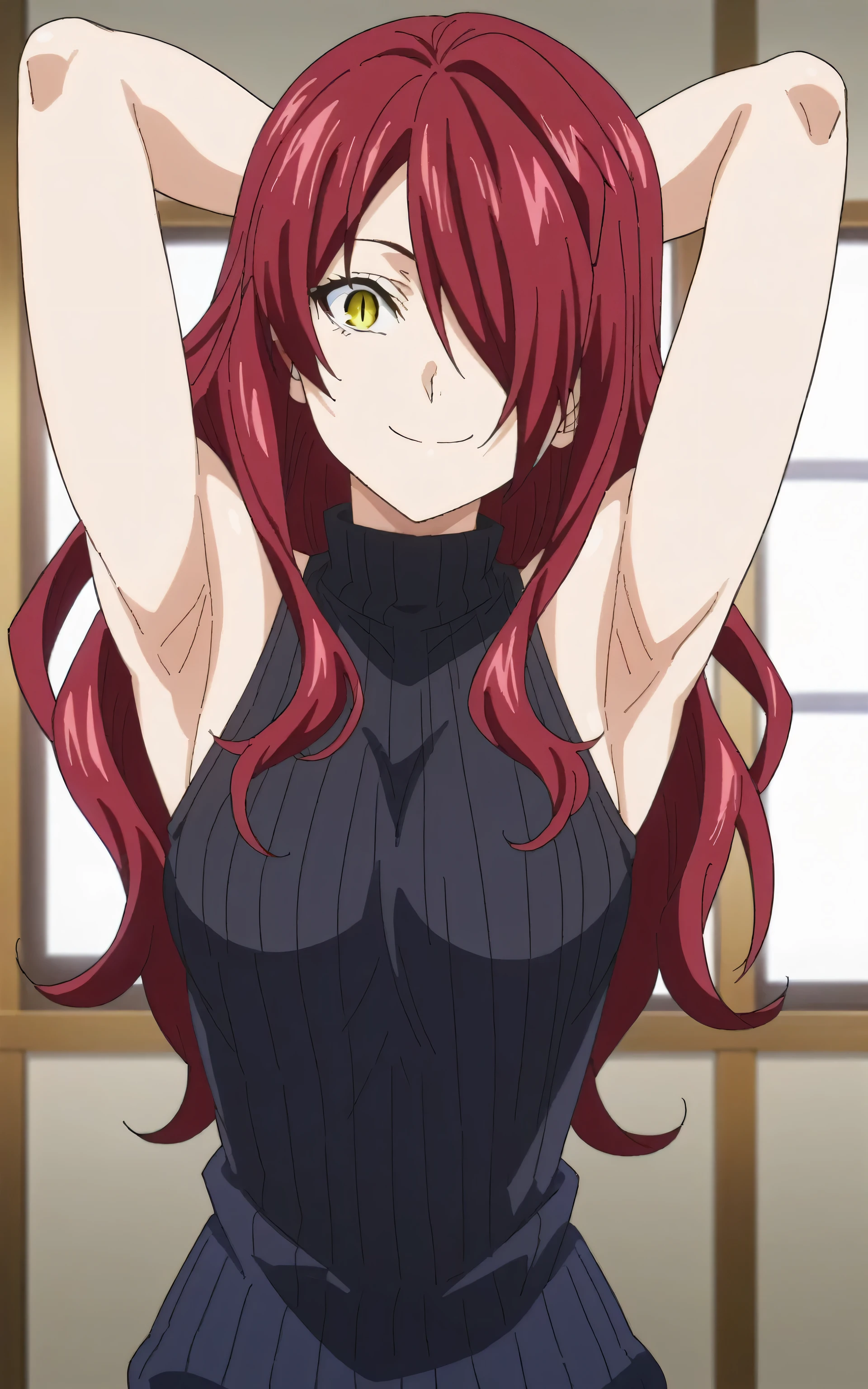 score_9, score_8_up, score_7_up, source_anime, anime screencap, 1girl, solo, kobayashi rindou, long hair, red hair, wavy hair, yellow eyes, hair over one eye, slit pupils, black sweater, sleeveless sweater, ribbed sweater, turtleneck, sleeveless, bare shoulders, arms behind head, armpits, looking at viewer, head towards viewer, smile, closed mouth, badhandv4, indoors 