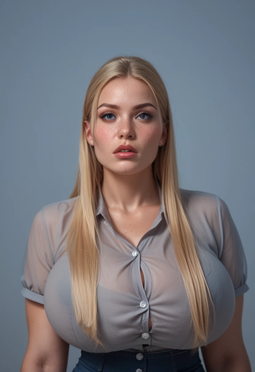 Curvy woman staring, gray oxford blouse, thicc, busty, very wide hips, hyper-realistic, massive breasts , growing breasts bursting through the blouse, blouse buttons popping off, blonde hair, freckles, bodybuilder