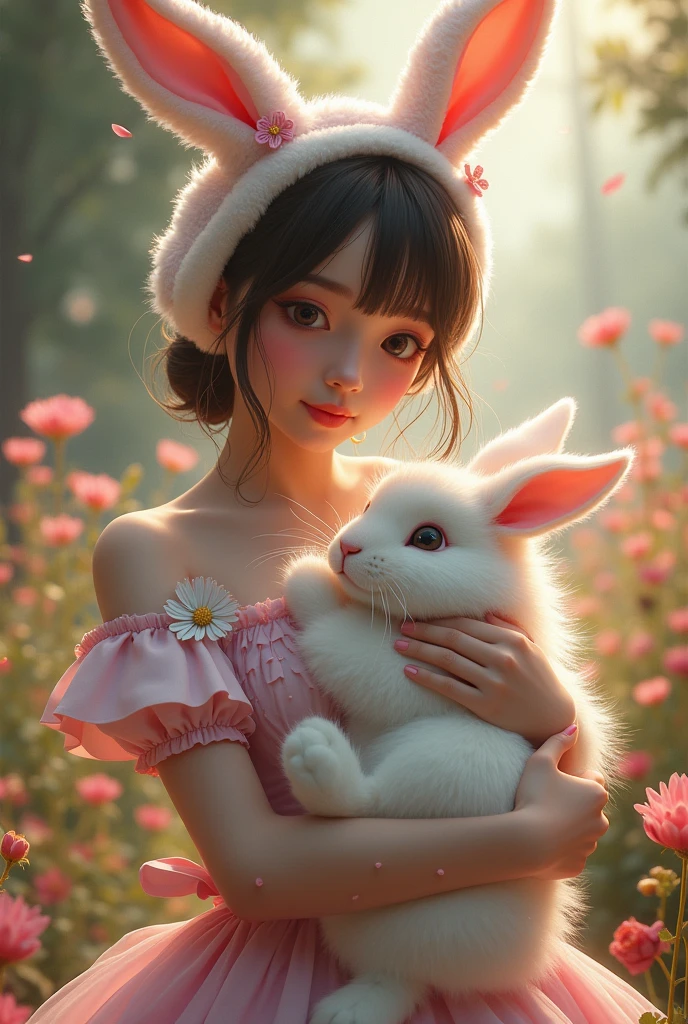 Detail, realism, 4k, -yeld gi face detail, large yellow eyes, plump lips, upturned nose, gray hair with pink strands, in a white dress, with a rabbit in her hands, flowers in the background, white butterflies in the foreground, realistic shooting, depth of field, soft forelight, glow, HDR (muted colors: 1.2), Canon RF 100mm F2.8L Macro IS USM