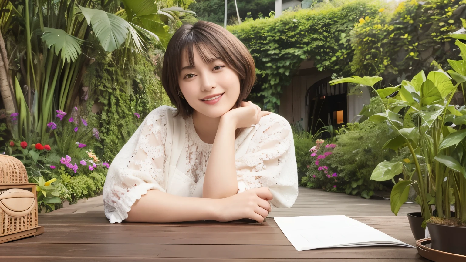 339 (20-year-old female, short hair), ( high image quality), (smile), ( Colorful Dress), ((Arietti's View of the World )), (BIG PLANTS ), (Dollhouse)