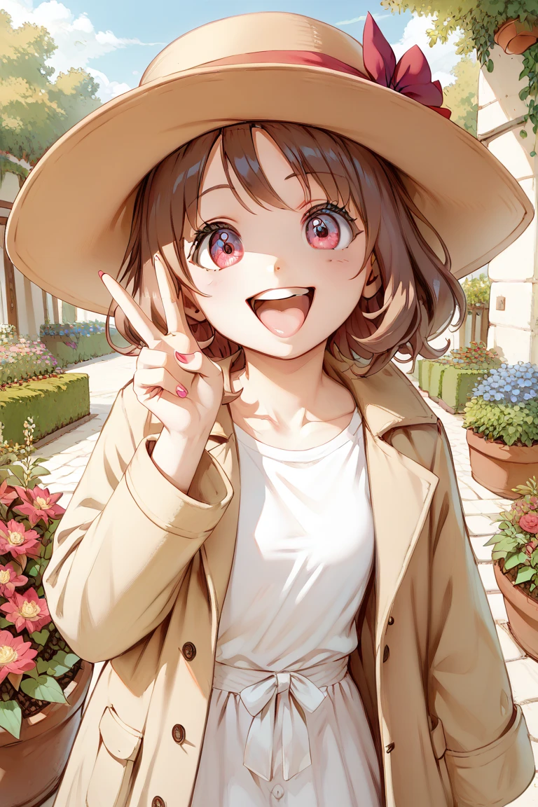 1girl, slender, 25yo, big eyes, (crimson eyes:1.1), brown hair, bob,
laughing, v sign, garden, coat, hat,
colored pencil, (masterpiece, best quality, hyper detailed),