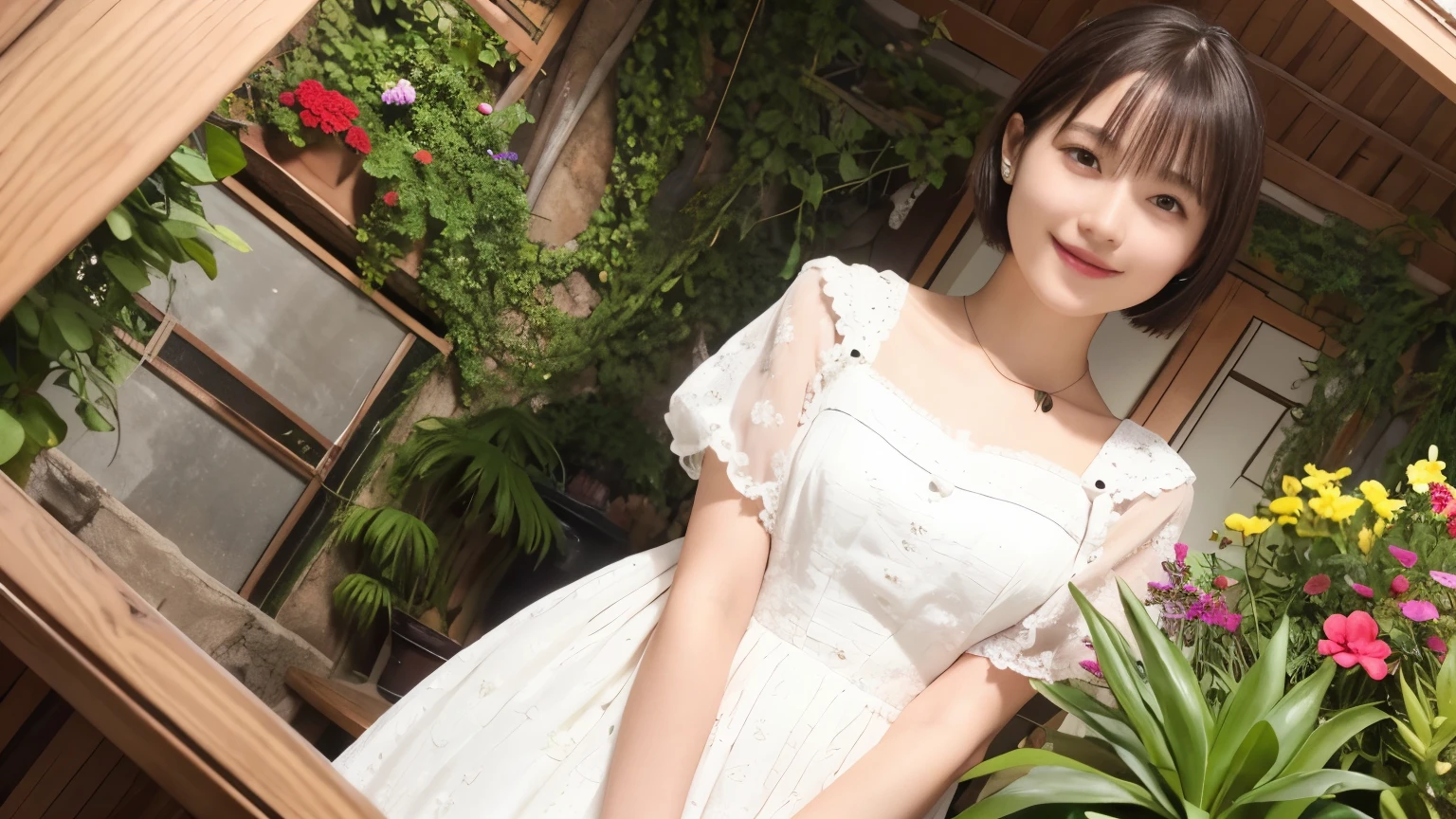 339 (20-year-old female, short hair), ( high image quality), (smile), ( Colorful Dress), ((Arietti's View of the World )), (BIG PLANTS ), (Dollhouse)