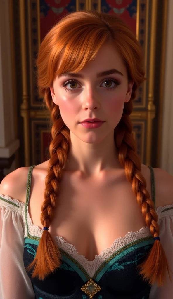 A realistic portrait of Princess Anna of Arendelle, young and beautiful, hyper realistic, real portrait, backlit, exquisite features, cleavage, sexy, seductive, ornate castle interior, auburn hair, two braids