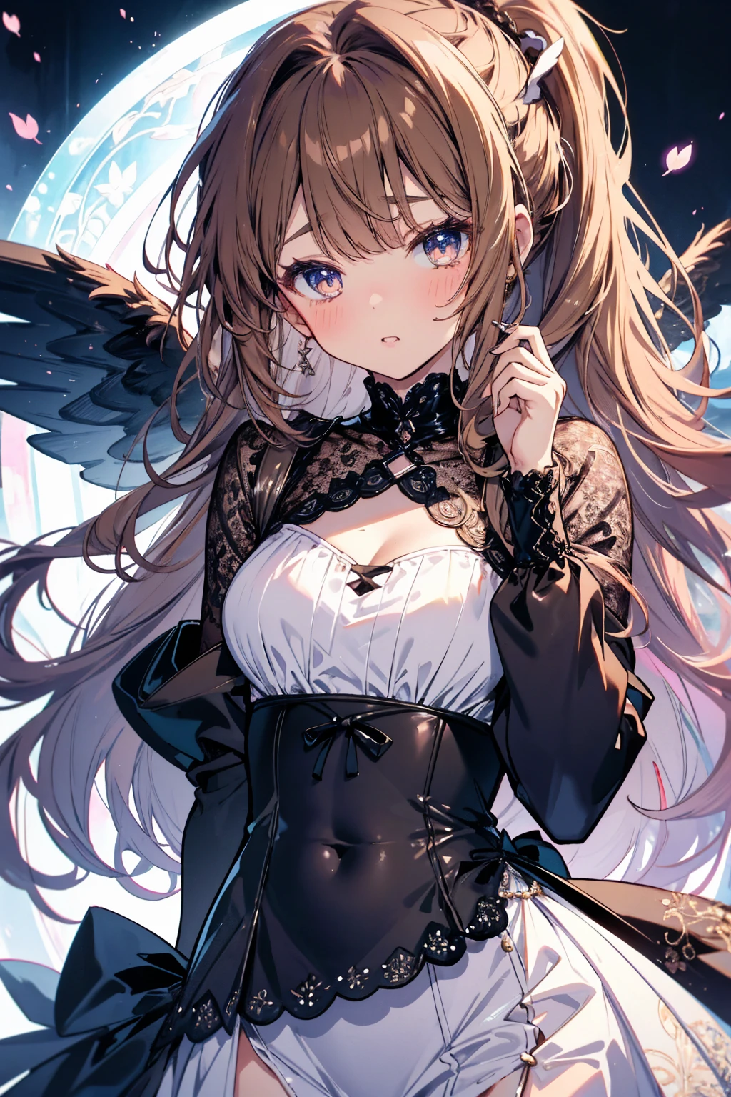 heart, rating:safe, 1girl, breasts, striped, long_hair, bare_shoulders, solo, open_mouth, brown_eyes, dress, striped_background, blush, cleavage, smile, looking_at_viewer, detached_collar, bow, detached_sleeves, black_dress, black_bow, medium_breasts, :d, long_sleeves, brown_hair, bangs, upper_body, black_hair, frilled_dress, lolita_fashion, strapless, symbol-shaped_pupils, large_breasts, gothic_lolita, frills, very_long_hair, juliet_sleeves