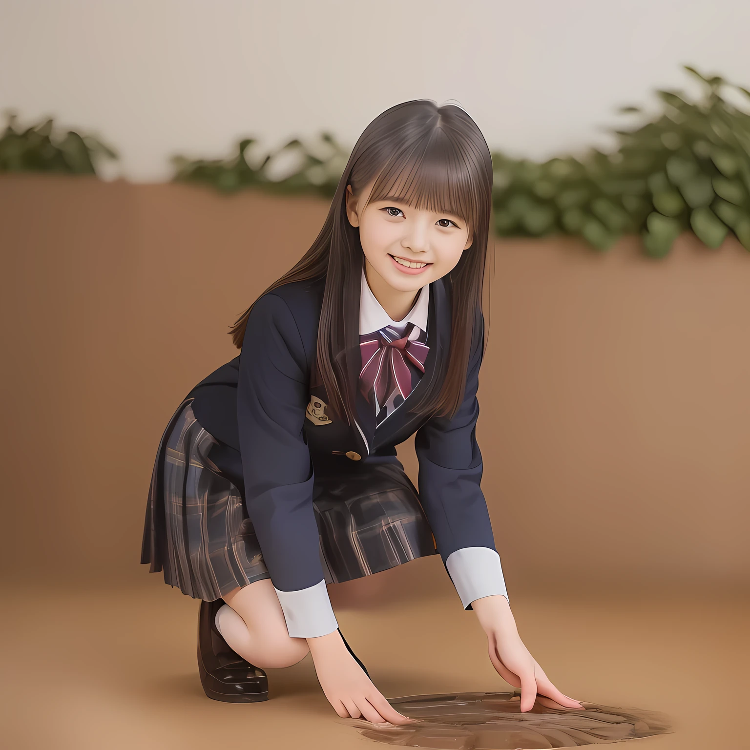 (Highest quality, masterpiece:1.2), Highest quality, High resolution, 1080P, 8k, clearly detailed, low-angle shot, height: 145cm, ((13yo)), (Some 13yo idol girls are inviting, bending down deeply at waist, and looking down at the floor, bending down deeply at her waist, their shining eyes are looking down at the viewer directly, Girls faces are looking down and coming close to the viewer, Low-angle-skirt-close-shot from below the girls' knees, ((skirt close shot)), only high altar of succubus in school underground background: 2.0) (Nobly bowing super-pretty shining-long-hair super-beautiful super-bewitching super-cute expensive school-uniform pretty slender 14yo-fashion-model of most-beautiful-school-uniform-girl-models photo-magazine in Japan, too beautiful aristocratic daughter laughing down at the viewer, in supreme bliss, bowing and accepts the viewer's every desire: 1.8), (long bottom eye-slashes, long top eye-slashes), (very bewitching beautiful full-open lips: 1.4), (neat gorgeous school uniform of private high school in Japan. navy-school-blazer with gold-emblem, super-neat navy-blue-lined-tartan-checkered light-sky-blue-pleats-school-skirt, super-girly plain-red ribbon on the breast: 1.5), (bewitching expression, smile, lips, and pose to corrupt the viewer, everything is planned and prepared to corrupt the viewer into the allusion of love towards the girl: 1.2), (clearly detailed foreground focusing on girl's beauty and cuteness, gorgeous blue girly bed background of full-of-girls girly-heaven: 1.2), (some girls are putting her beautiful both hands and fingers on the viewer to tear off the viewer's cloths lustily and forcibly, which may also open the viewer's brain, pouring her girly white ecstasy drool to the viewer: 1.5), (sky-blue school skirt, beautiful legs, loafers: 1.6), (detailed brown eyes: 1.5), (Strong lustful hypnotic wind blows her hair from her back: 1.4), (Too sweet much condensed milk is dripping from her hanged palms: 2.0)