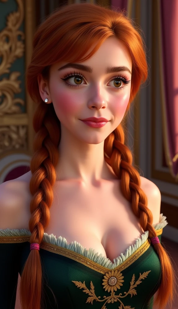 Make her look real, A realistic portrait of Princess Anna of Arendelle, young and beautiful, hyper realistic, real portrait, backlit, exquisite features, cleavage, sexy, seductive, ornate castle interior, auburn hair, two braids