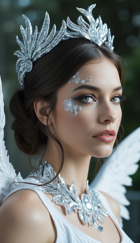 The goddess, winged tiara, silver laurel leaves, head to breast, silicone cybernetics. High Resolution, Masterpiece, Award Winning, Best Quality, High Details, High Quality, UHD, Optical Illusion, Impressionism, Art Deco, Cinematic, Cinematography, Futurism, Hyperrealism, Photorealistic, Unreal Engine, 