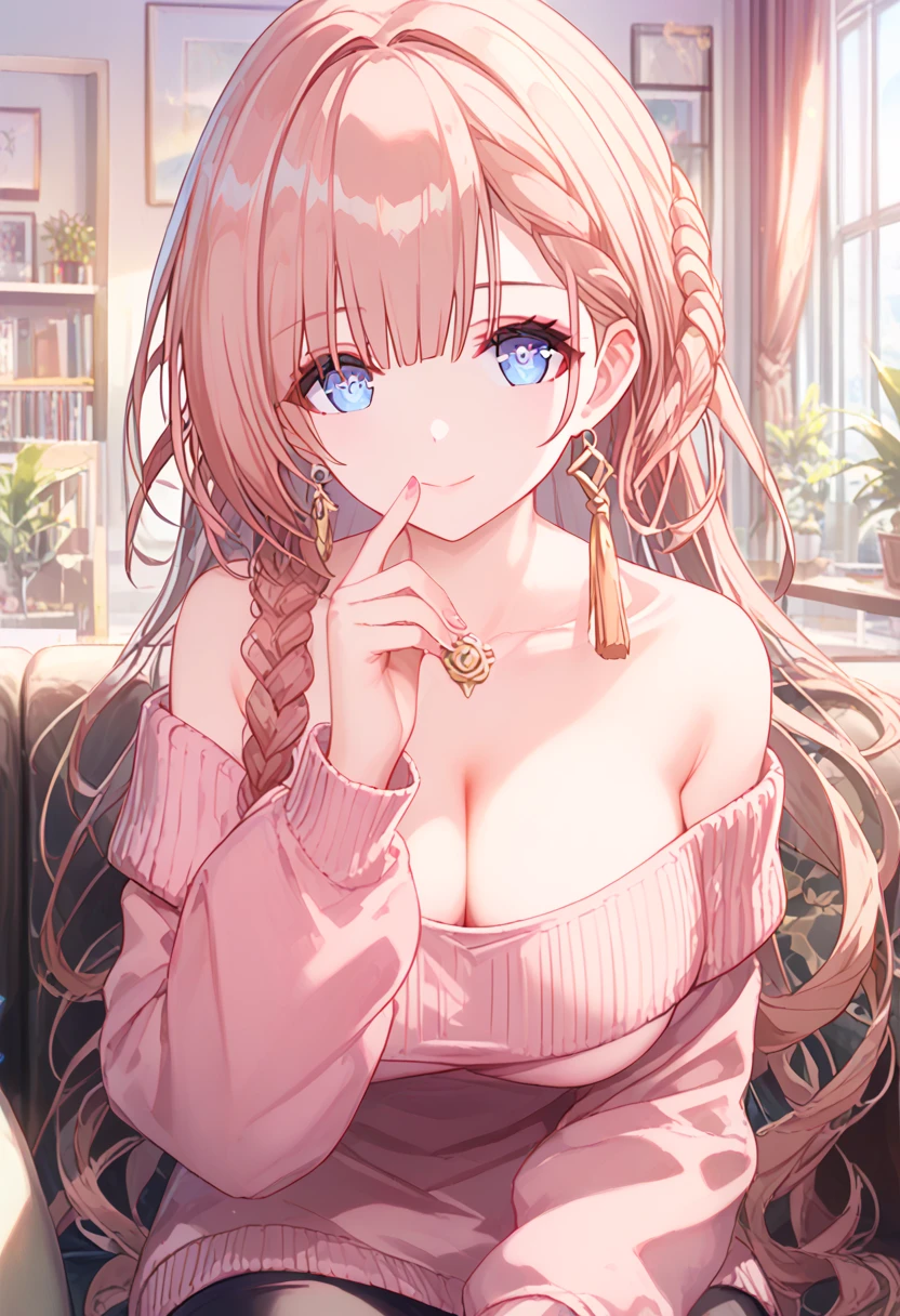 asta,honkai star rail,1girl, famale teacher, milf, long hair, shiny hair, gleaming skin ,Maternal smile, closed mouth, large breast, cleavage, off-shoulder pink sweater, upper body, finger to mouth,sitting on the sofa, A peering posture,living room,