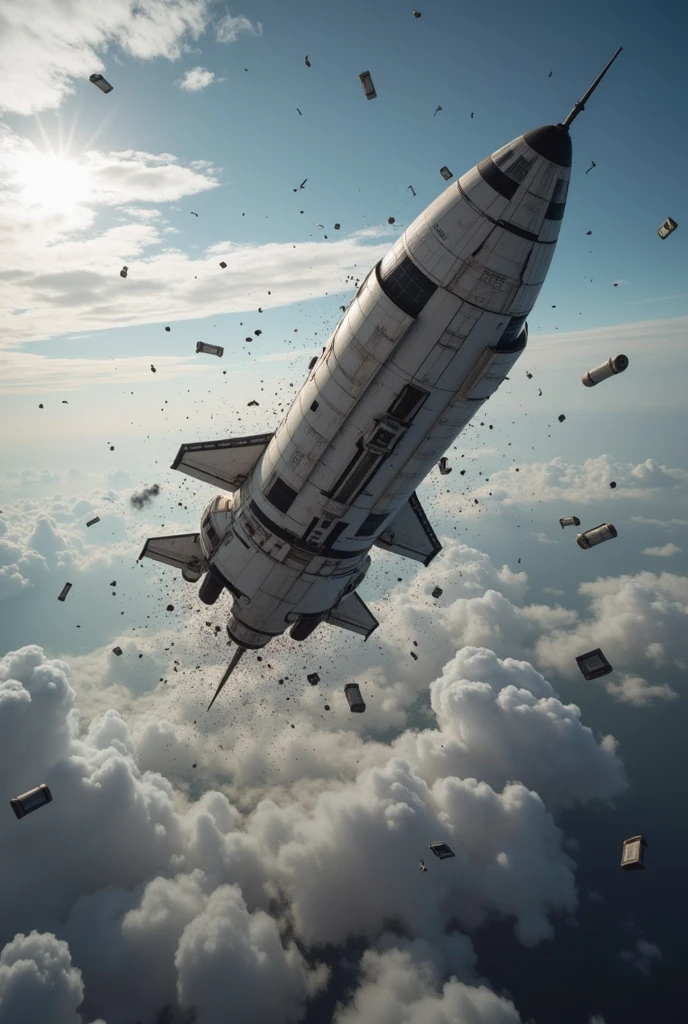 The rapidly falling spaceship ， broke up in the sky and scattered countless debris to the ground