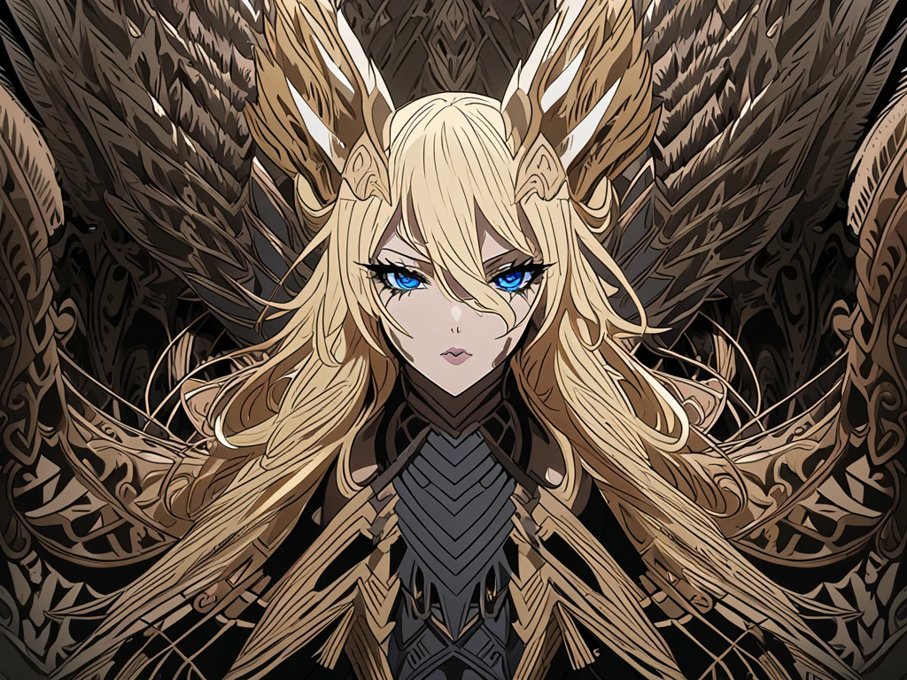 A beauty girl valkyrie, Anime skin texture ,(winged helmet:1.1), ( Valkyrie Armor :1.2), 8k Alta definición,  incredibly detailed, intricate, elegant, 1 girl,  high resolution ,  long hair,  blond hair , fringe,  Hair between eyes , breasts, Devils eyes, wicked,  Blue eyes. Anatómicamente correcto, Estilo animado, full body