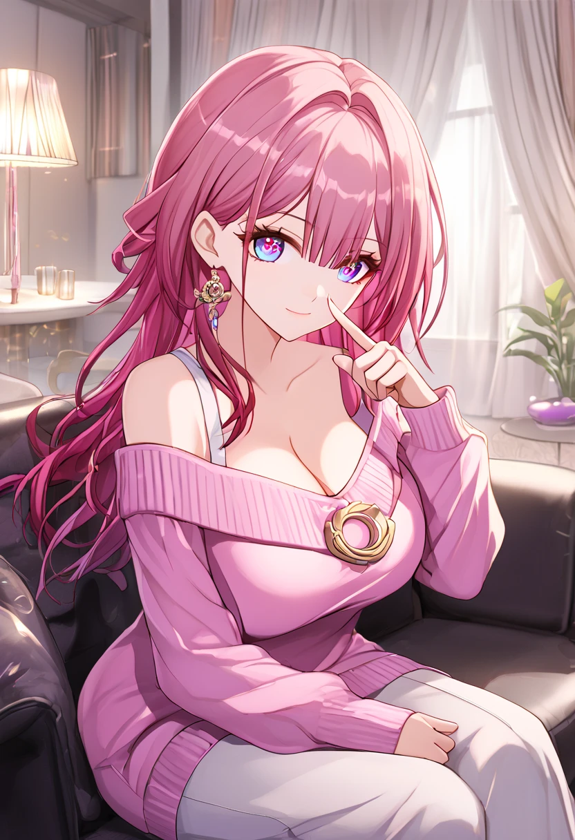 asta,honkai star rail,1girl, famale teacher, milf, long hair, shiny hair, gleaming skin ,Maternal smile, closed mouth, large breast, cleavage, off-shoulder pink sweater, upper body, finger to mouth,sitting on the sofa, A peering posture,living room,