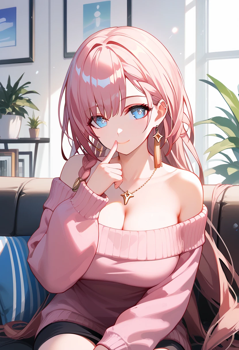 asta,honkai star rail,1girl, famale teacher, milf, long hair, shiny hair, gleaming skin ,Maternal smile, closed mouth, large breast, cleavage, off-shoulder pink sweater, upper body, finger to mouth,sitting on the sofa, A peering posture,living room,