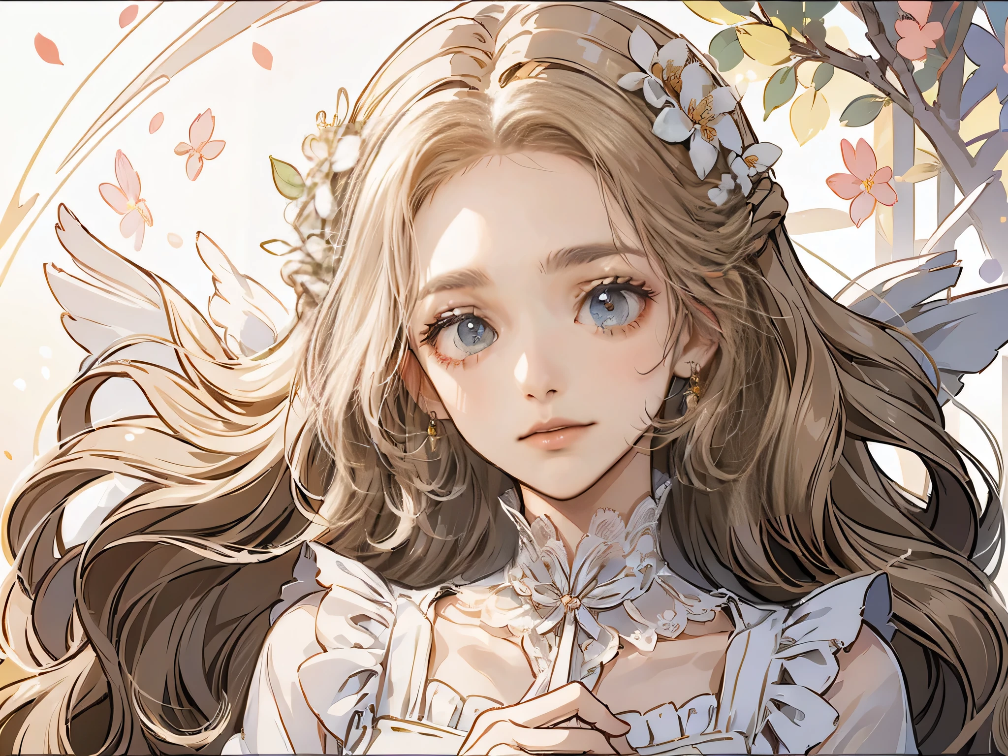"Fantasy-style illustration of a noblewoman named Erianne Blanche. She has long, wavy golden-blonde hair that flows down to her waist, glowing softly in the sunlight. Her eyes are clear, bright sky-blue, radiating warmth and kindness. Her skin is fair and luminous, giving her an ethereal, pure appearance.
She is wearing a simple, elegant white dress, made of light, flowing fabric that gently moves with the breeze. Her smile is bright and genuine, showing happiness and creating soft creases near her sparkling eyes. She looks carefree and radiant, as if spreading joy to those around her.
The background features a sunlit garden or meadow, filled with blooming white and soft pink flowers. Sunlight filters through the leaves or shines gently overhead, casting a warm, golden glow. Flower petals float in the air, carried by a soft breeze. Erianne holds a small flower bouquet in one hand, while her other hand lightly touches her dress. Her posture is natural and relaxed, and her face is tilted slightly upward as she smiles brightly and warmly at the viewer.
The scene should feel bright, peaceful, and full of warmth, capturing Erianne's purity, joy, and uplifting presence."