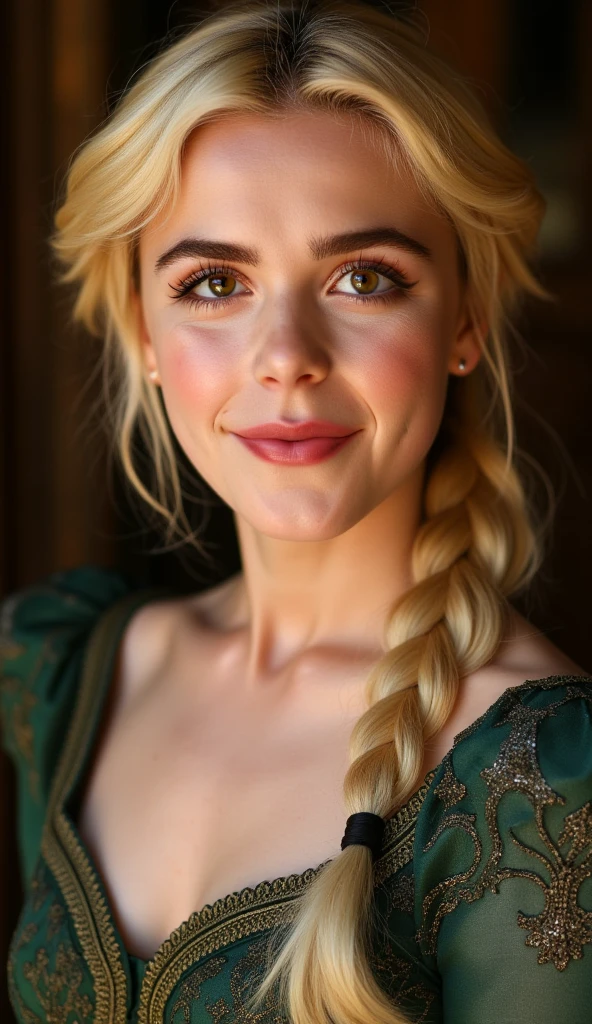 A stunning portrait of Elsa, young and beautiful, hyper realistic, real portrait, backlit, exquisite features, cleavage, sexy, seductive