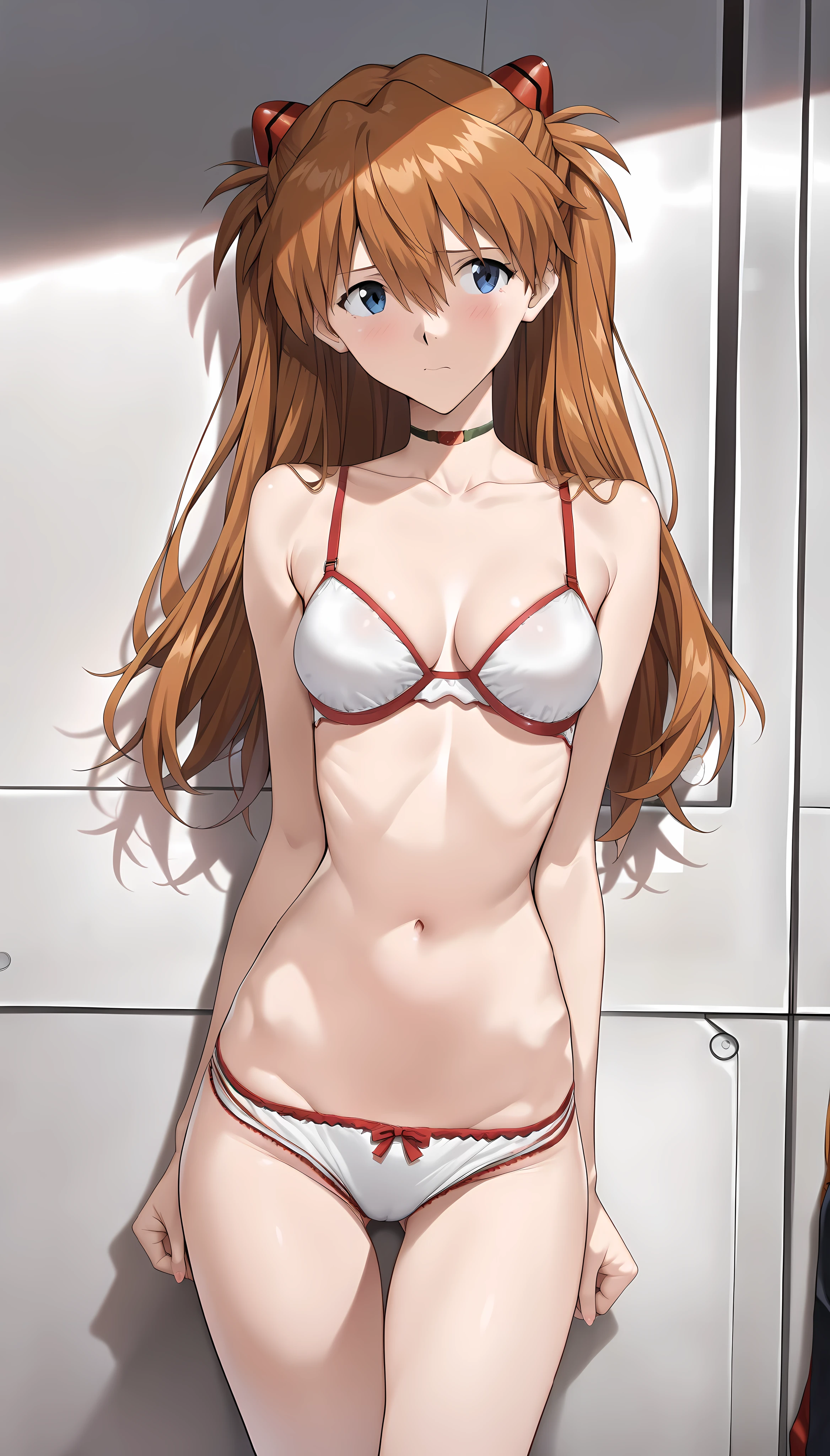 highest quality, masterpiece, High resolution, alone, {Jiang Feng Kai Er_Fleet Collection:1.15}, length_hair, red_hair, ribbon, hairband, hair_ribbon, 前hair, Ahoge, twin tails, side lock, low_twin tails, asymmetrical_hair, very long hair, smile, green_eye, classroom background, hair_flap, 1 girl, (panties),(bra), Striped underwear
