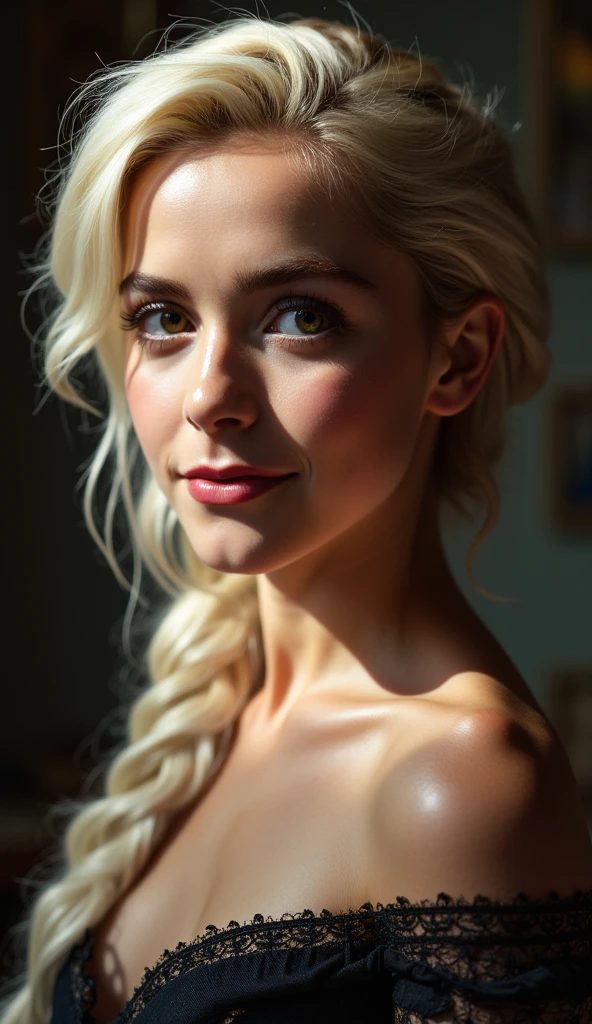 A stunning portrait of Elsa, young and beautiful, hyper realistic, real portrait, backlit, exquisite features, cleavage, sexy, seductive