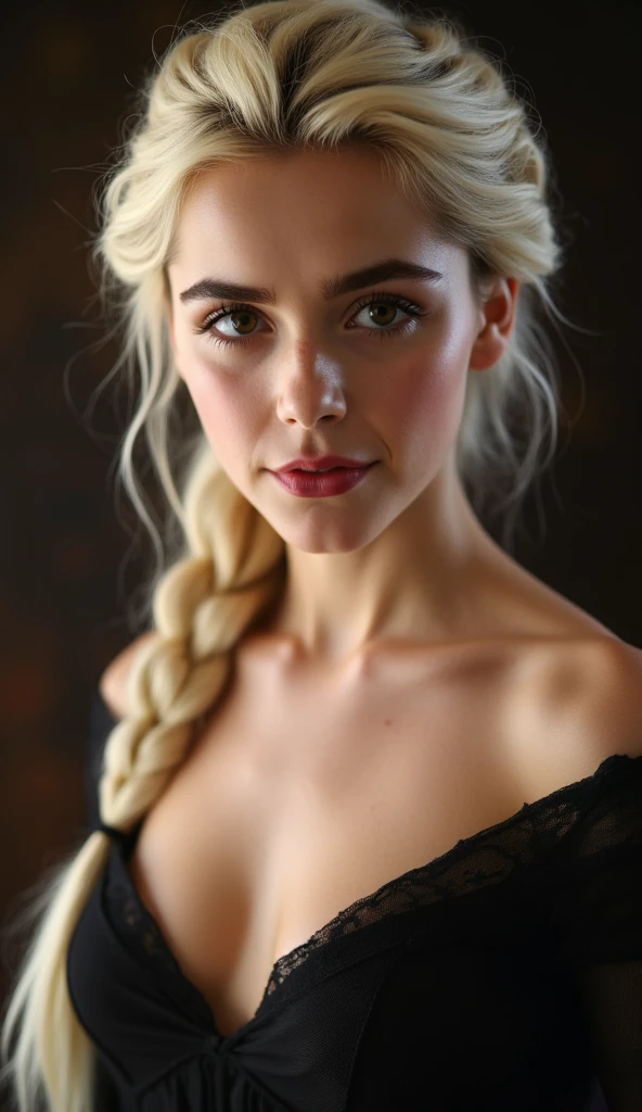 A stunning portrait of Elsa, young and beautiful, hyper realistic, real portrait, backlit, exquisite features, cleavage, sexy, seductive