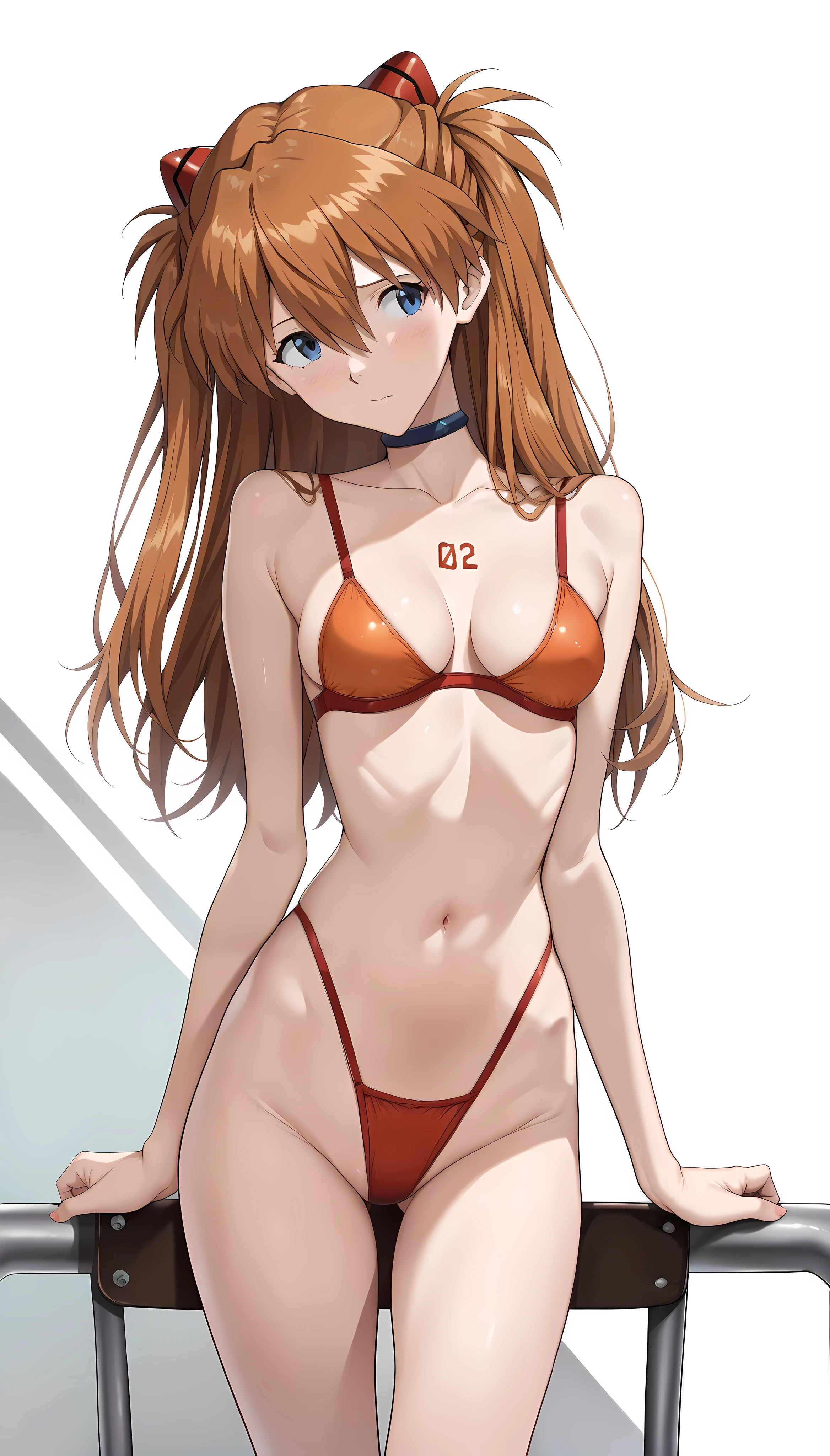 1girl, souryuu asuka langley, neon genesis evangelion,long hair,master piece,ultra high res,split legs,standing one leg,looking viewer,micro bikini,from front