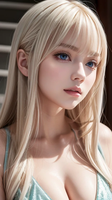  most beautiful girl in the world popular on deviantart 、 very beautiful blonde girl with  、 Mastepiece、 top quality、 Photorealistic、 super detailed 、 fine details、 high definition 、8K wallpaper、RAW color photos、 Professional 、author、Super long、 beautiful girl with straight, silky platinum blonde hair...bangs hanging between eyes bangs 、Sharp focus、 Award-Winning Photos 、（ emerald green dress ）、（ cleavage）、（Ahead）、（Pin viewer ）、（Pin viewer ）、Small Light、 low contrast 、Facial Symmetry、 Tsu no Taisai  、Movie Background、 Center Image 、 softly illuminated 、（Fine Skin）、Pale Skin、Glossy face、Gloss on Cheeks 、 realistic、Texture in the middle of a wooden staircase 、 extreme skin details 、Very bright、 very bright pale light blue very large eyes、Round face、Small Face Beauty、bangs, Hair covering one eye,  shiny hair , Straight Hair, Too much hair, Hair in the eyes, Innocent First 々Pretty Little Fa