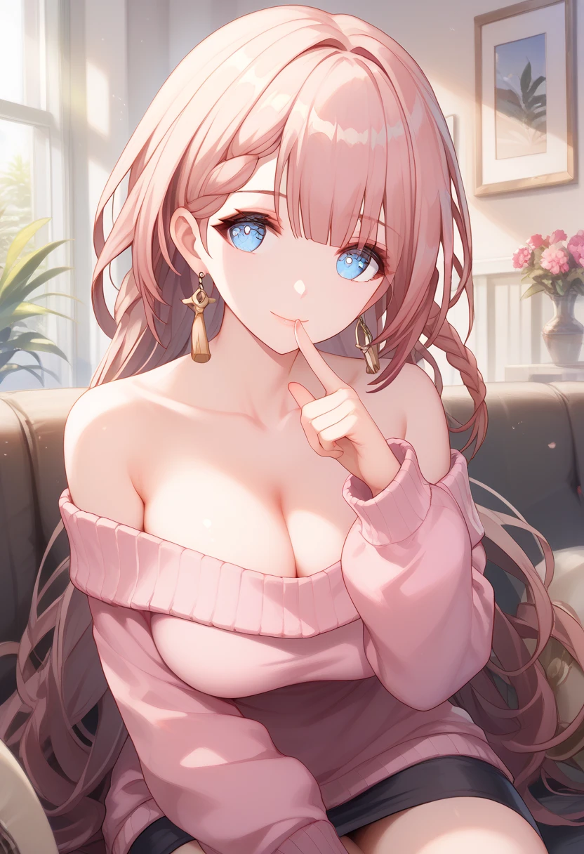 asta,honkai star rail,1girl, famale teacher, milf, long hair, shiny hair, gleaming skin ,Maternal smile, closed mouth, large breast, cleavage, off-shoulder pink sweater, upper body, finger to mouth,sitting on the sofa, A peering posture,living room,