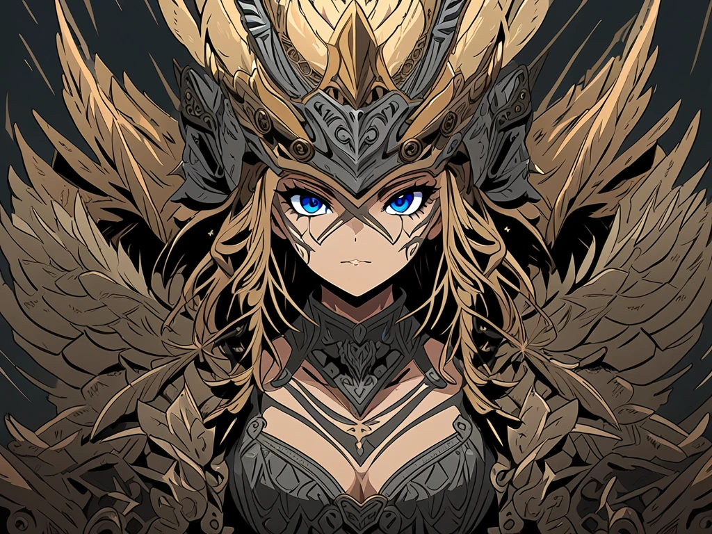 A beauty girl valkyrie, Anime skin texture ,(winged helmet:1.1), ( Valkyrie Armor :1.2), 8k Alta definición,  incredibly detailed, intricate, elegant, 1 girl,  high resolution, long hair, blond hair, fringe, Hair between eyes, breasts, Devils eyes, wicked, Blue eyes, Anatómicamente correcto, Estilo animado, full body, (cuerpo completo: 1.3)