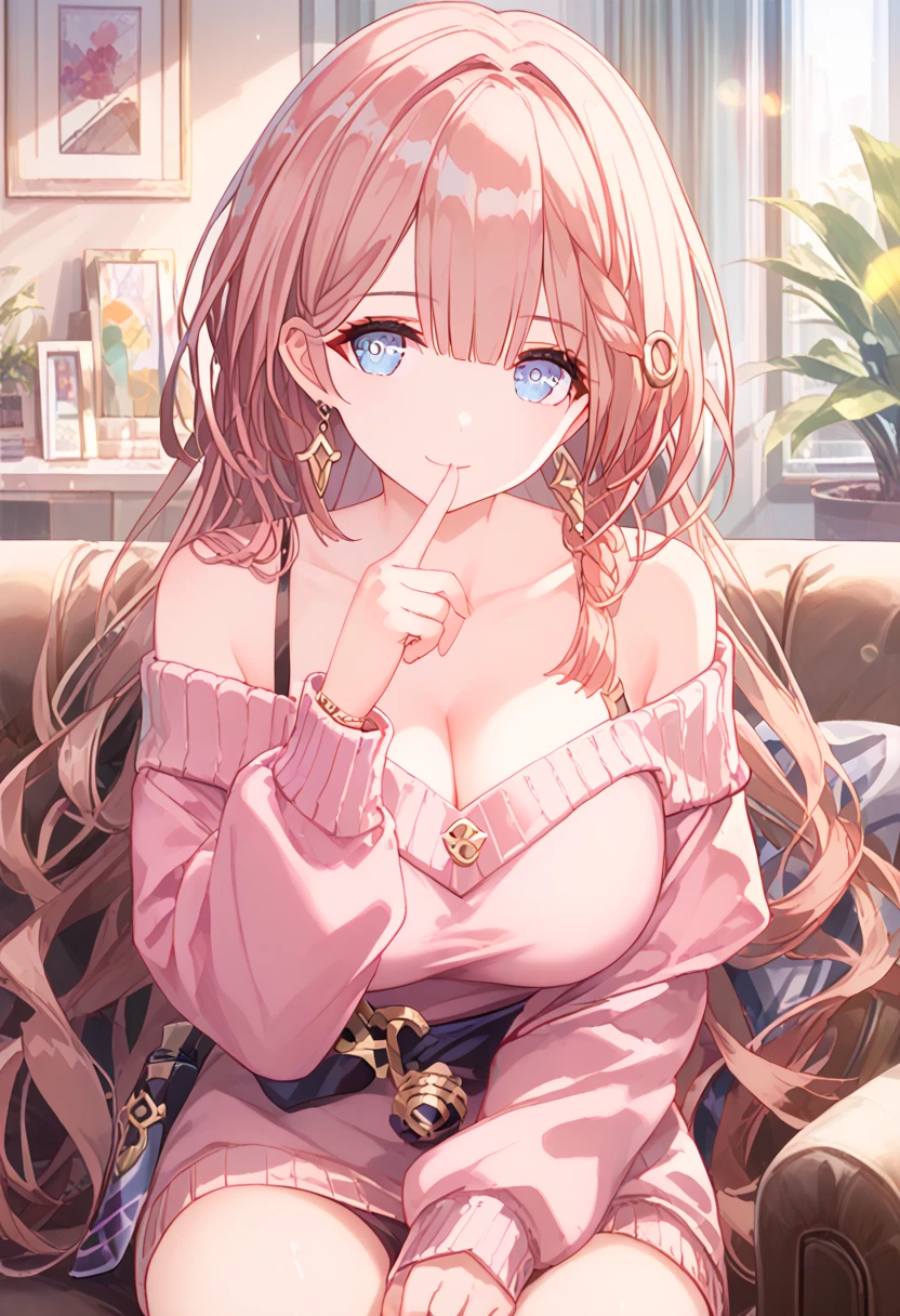 asta,honkai star rail,1girl, famale teacher, milf, long hair, shiny hair, gleaming skin ,Maternal smile, closed mouth, large breast, cleavage, off-shoulder pink sweater, upper body, finger to mouth,sitting on the sofa, A peering posture,living room,