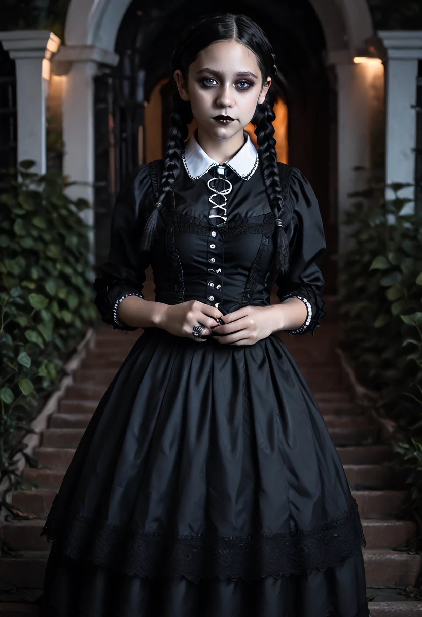 woman with braids and a black dress with a white collar, wednesday addams, as wednesday addams,  girl in gothic dress, portrait of cute goth girl, with black pigtails, , goth girl, portrait of a ominous girl, dreamy gothic girl, gothic girl dressed in black, shirt open, cleavage,sexy, full body shot, large breasts, Jenna Ortega, wrapped in tenticles, 