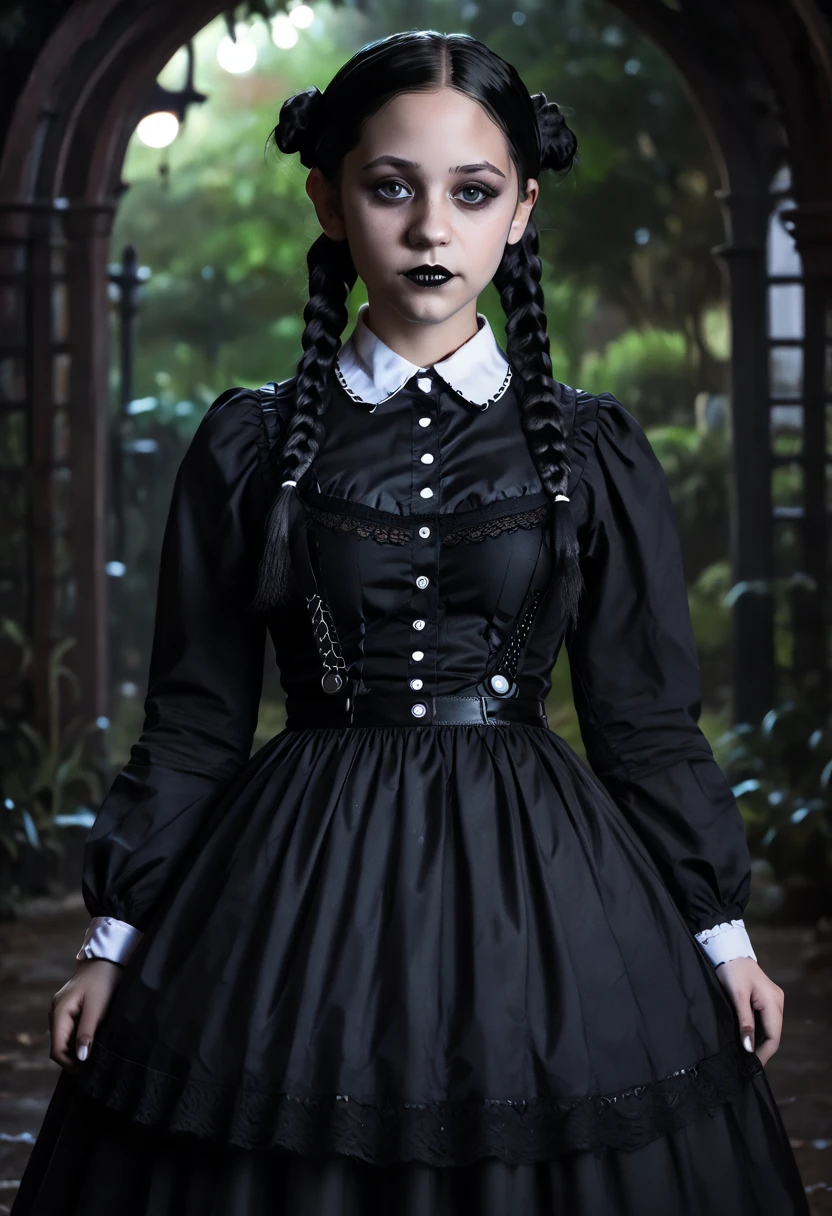 woman with braids and a black dress with a white collar, wednesday addams, as wednesday addams,  girl in gothic dress, portrait of cute goth girl, with black pigtails, , goth girl, portrait of a ominous girl, dreamy gothic girl, gothic girl dressed in black, shirt open, cleavage,sexy, full body shot, large breasts, Jenna Ortega, wrapped in tenticles, 