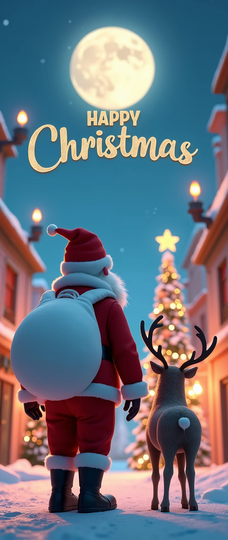 (masterpiece:1.2,Premium quality ,  Mirror Finish  ,  cinematic experience, best illustration:2.0, super detailed ),8k,16k,( wallpaper:2.0),( Christmas),(Back view of Santa Claus carrying a white bag on his shoulder:2.0),(Back view of a reindeer:2.0),( Christmas tree),( candles),( Cute Illustration :2.0),( background is a city celebrating Christmas :2.0),(3D isometric illustration:2.0),( Tim Burton movie style :2.0),(The background is brightly colored :2.0),(At the top of the screen"Happy Christmas "Draw the characters:2.0),( Full Moon :2.0),(from below:2.0),( dynamic :2.0),( Cute Illustration ),( comical )