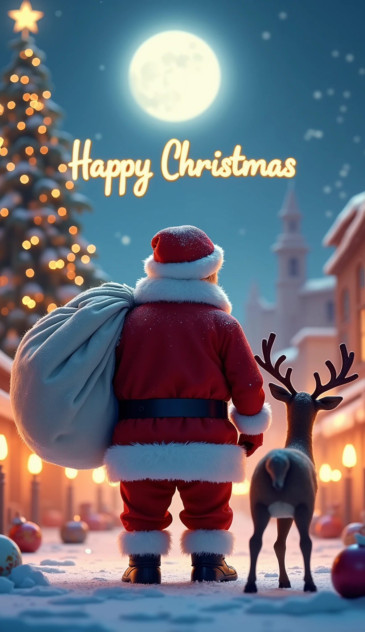 (masterpiece:1.2,Premium quality ,  Mirror Finish  ,  cinematic experience, best illustration:2.0, super detailed ),8k,16k,( wallpaper:2.0),( Christmas),(Back view of Santa Claus carrying a white bag on his shoulder:2.0),(Back view of a reindeer:2.0),( Christmas tree),( candles),( Cute Illustration :2.0),( background is a city celebrating Christmas :2.0),(3D isometric illustration:2.0),( Tim Burton movie style :2.0),(The background is brightly colored :2.0),(At the top of the screen"Happy Christmas "Draw the characters:2.0),( Full Moon :2.0),(from below:2.0),( dynamic :2.0),( Cute Illustration ),( comical )