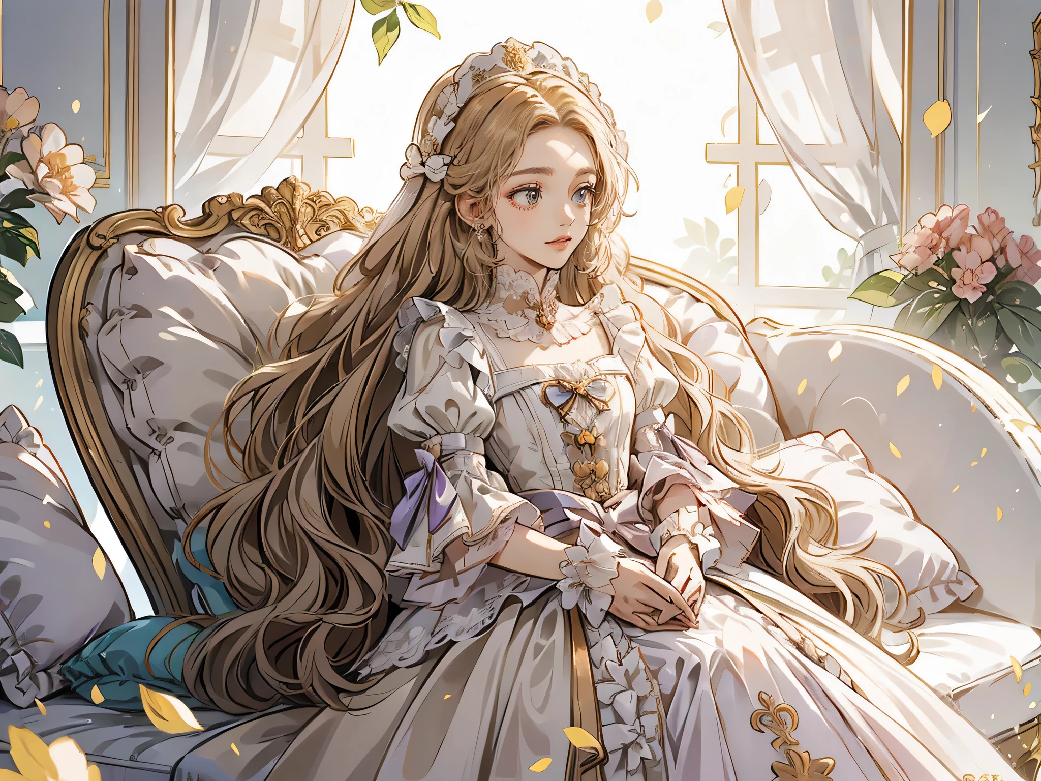 "Fantasy-style illustration of a noblewoman named Erianne Blanche. She has long, wavy golden-blonde hair that flows down to her waist, glowing softly in the sunlight. Her eyes are clear, bright sky-blue, radiating warmth and kindness. Her skin is fair and luminous, giving her an ethereal, pure appearance.
She is wearing a simple, elegant white dress, made of light, flowing fabric that gently moves with the breeze. Her smile is bright and genuine, showing happiness and creating soft creases near her sparkling eyes. She looks carefree and radiant, as if spreading joy to those around her.
The background features a sunlit garden or meadow, filled with blooming white and soft pink flowers. Sunlight filters through the leaves or shines gently overhead, casting a warm, golden glow. Flower petals float in the air, carried by a soft breeze. Erianne holds a small flower bouquet in one hand, while her other hand lightly touches her dress. Her posture is natural and relaxed, and her face is tilted slightly upward as she smiles brightly and warmly at the viewer.
The scene should feel bright, peaceful, and full of warmth, capturing Erianne's purity, joy, and uplifting presence."
