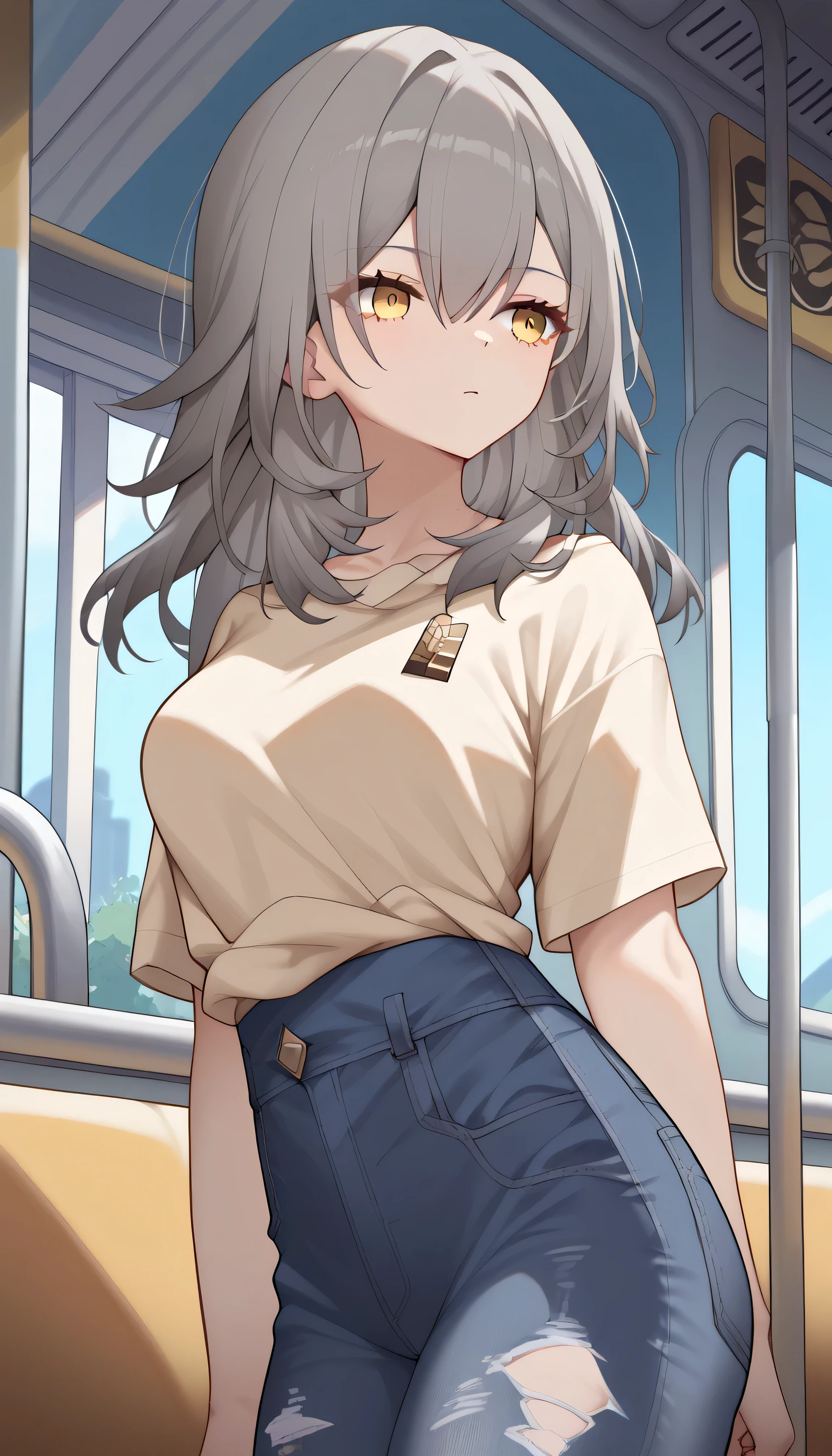 stelledef , yellow eyes, grey hair, long hair, hair between eyes,　polo shirt　damage jeans　station　train