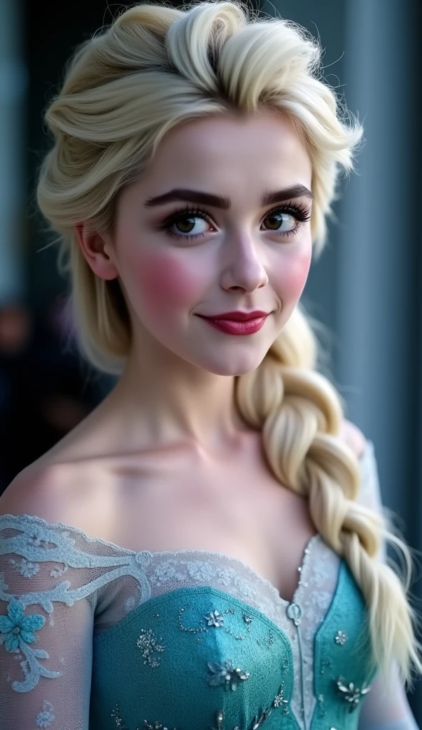 A stunning portrait of Elsa, queen of arendelle, young and beautiful, hyper realistic, real portrait, backlit, exquisite features, cleavage, sexy, seductive