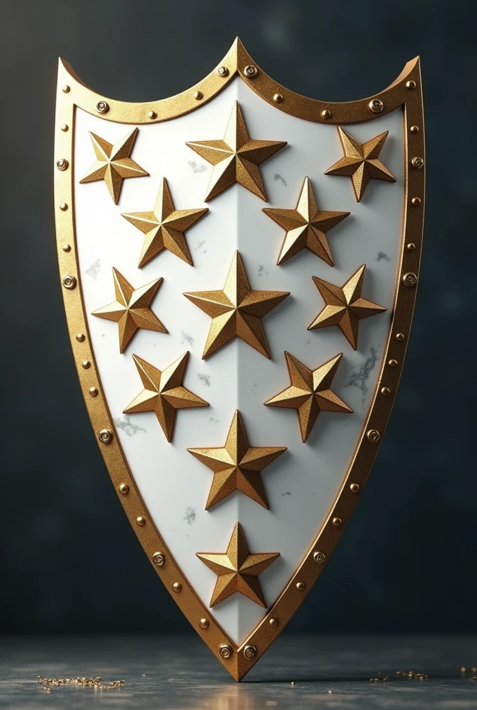 a football shield that says "Winners " written in Greek , shield design that is like a real shield with three points, gold colors left behind and a white Greek-type marble , that has 7 symmetrically placed stars . that the stars are gold and some that are half broken , in the background where you can find the shield that is in the Champions League,