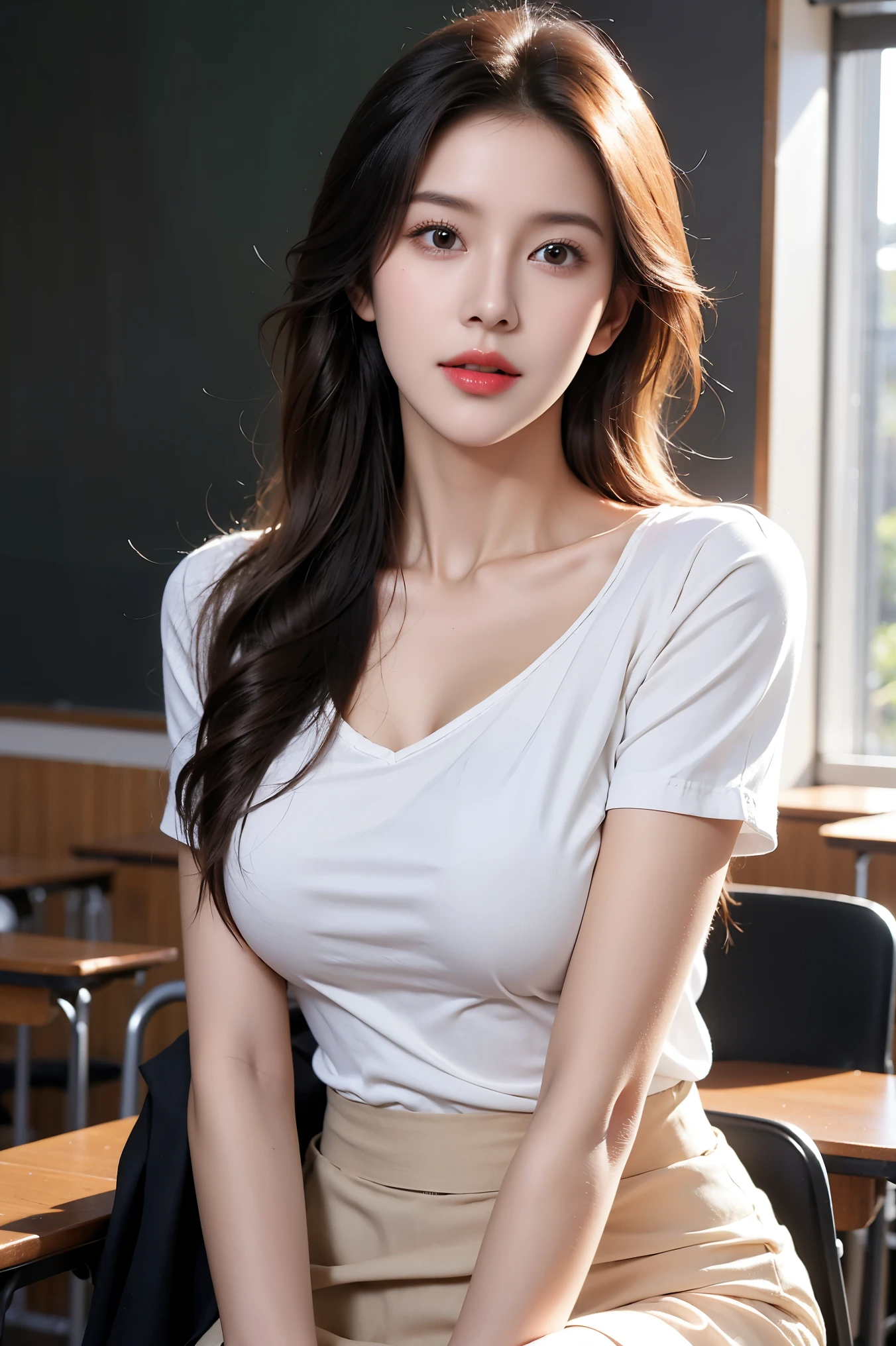 (8k, best quality, Masterpiece, very high:1.2) Photo of a beautiful Japanese girl, Beautiful and charming with contemporary fashion drawings as well., looking at the audience, ((in the classroom background)), (1 teenage girl),(Short black skirt), (White shirt with short sleeves, slightly revealing at the chest.), ((black short pencil skirt)), sugar belt, ((Put your hands down.)),blonde hair, medium hair, High angle view of a beautiful woman, realistic skin texture, look up, round chin, Art lens 85mm, F 1. 2, Sharp focus, High resolution 8K, Crazy details, complicated, elegant, big breasts, dynamic gesture, big breasts,