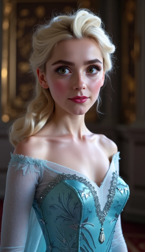 A stunning portrait of Elsa, queen of arendelle, young and beautiful, hyper realistic, real portrait, backlit, exquisite features, cleavage, sexy, seductive, interior of a castle 